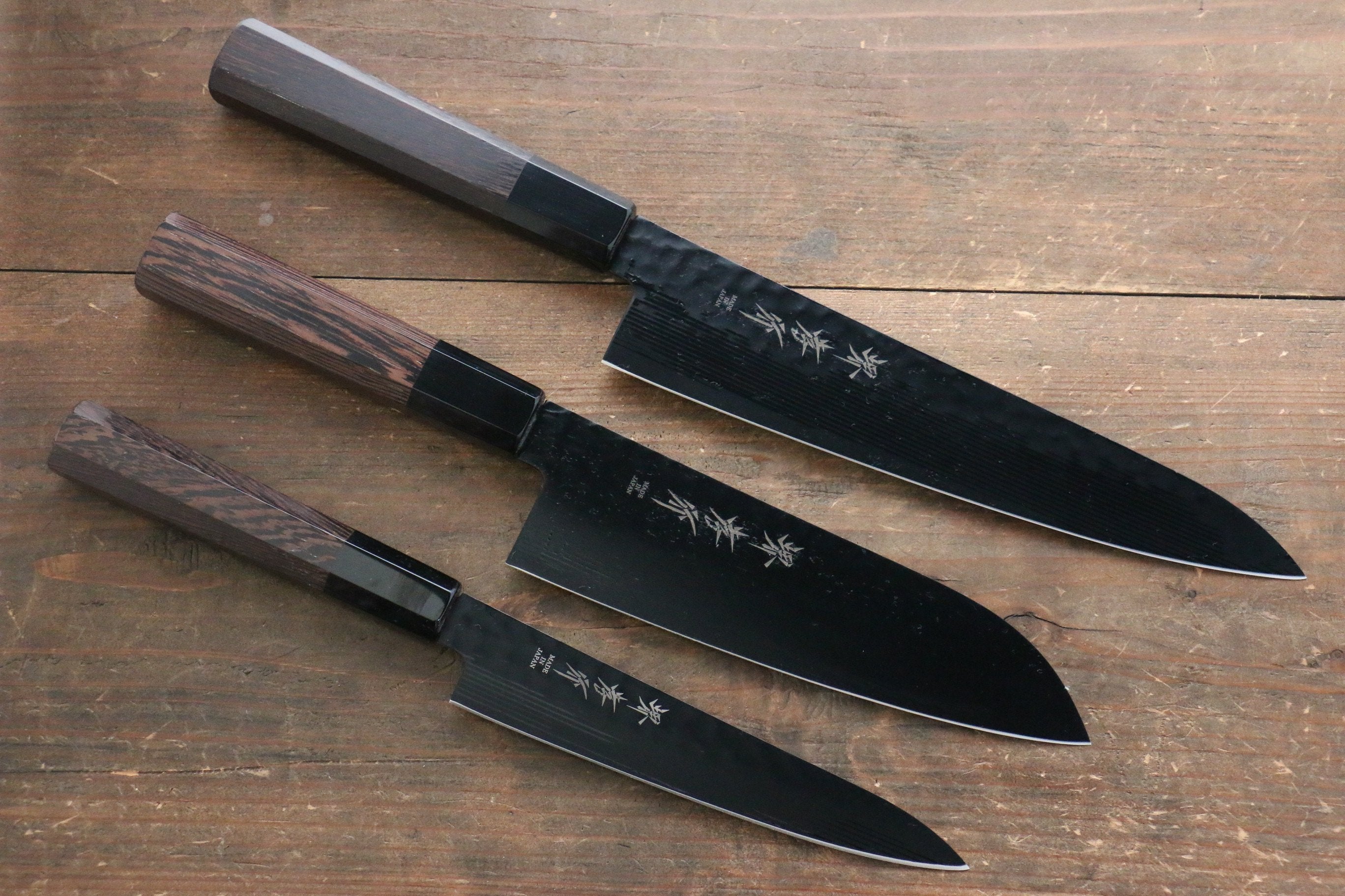 Sakai Takayuki Sakai Takayuki Kurokage VG10 Hammered Teflon Coating Gyuto, Santoku & Petty 150mm with Wenge Handle Set - Japanny - Best Japanese Knife