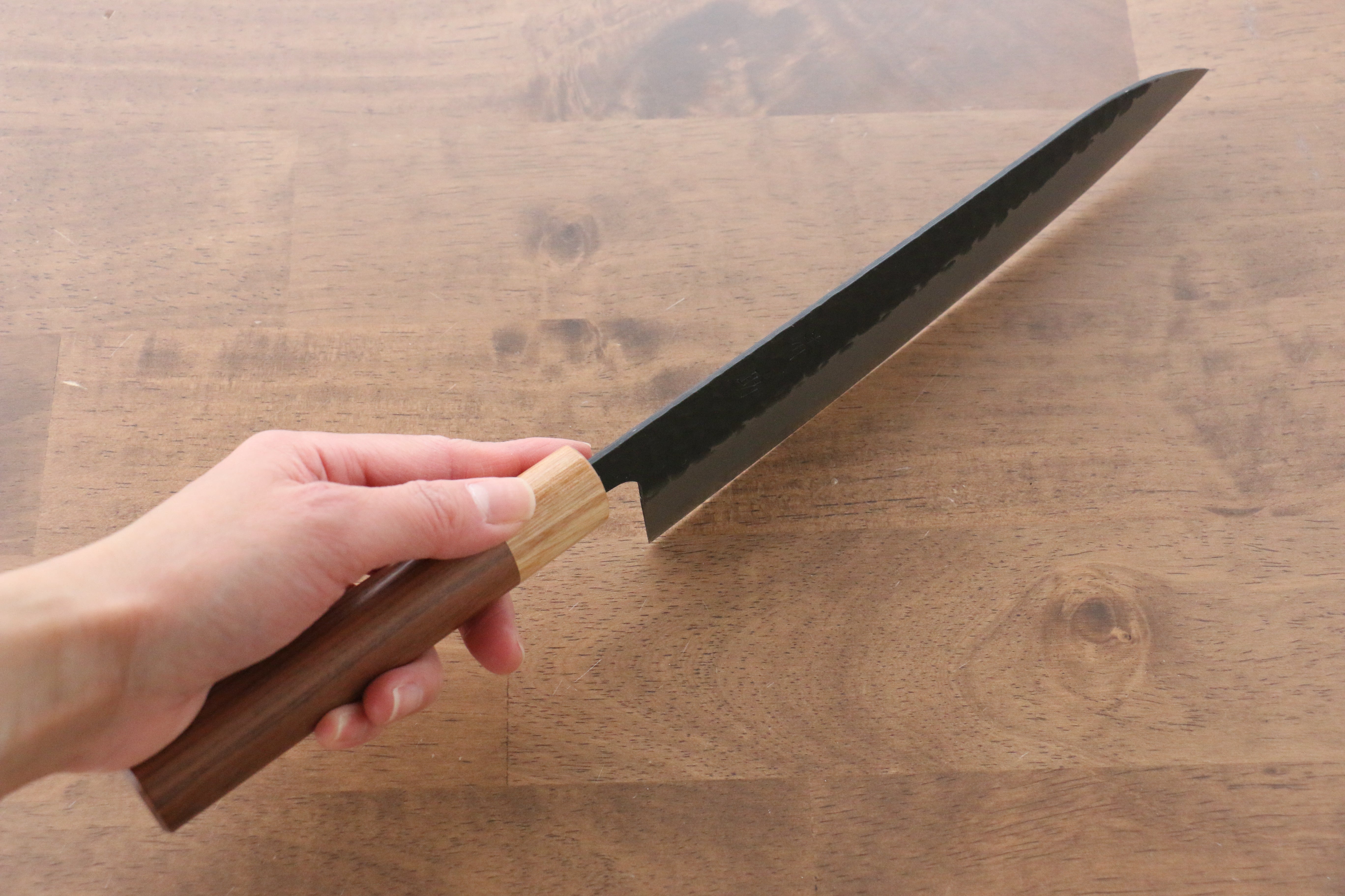 Seisuke Kokubyaku Blue Super Hammered Kurouchi Gyuto 210mm Morado Handle - Japanny - Best Japanese Knife