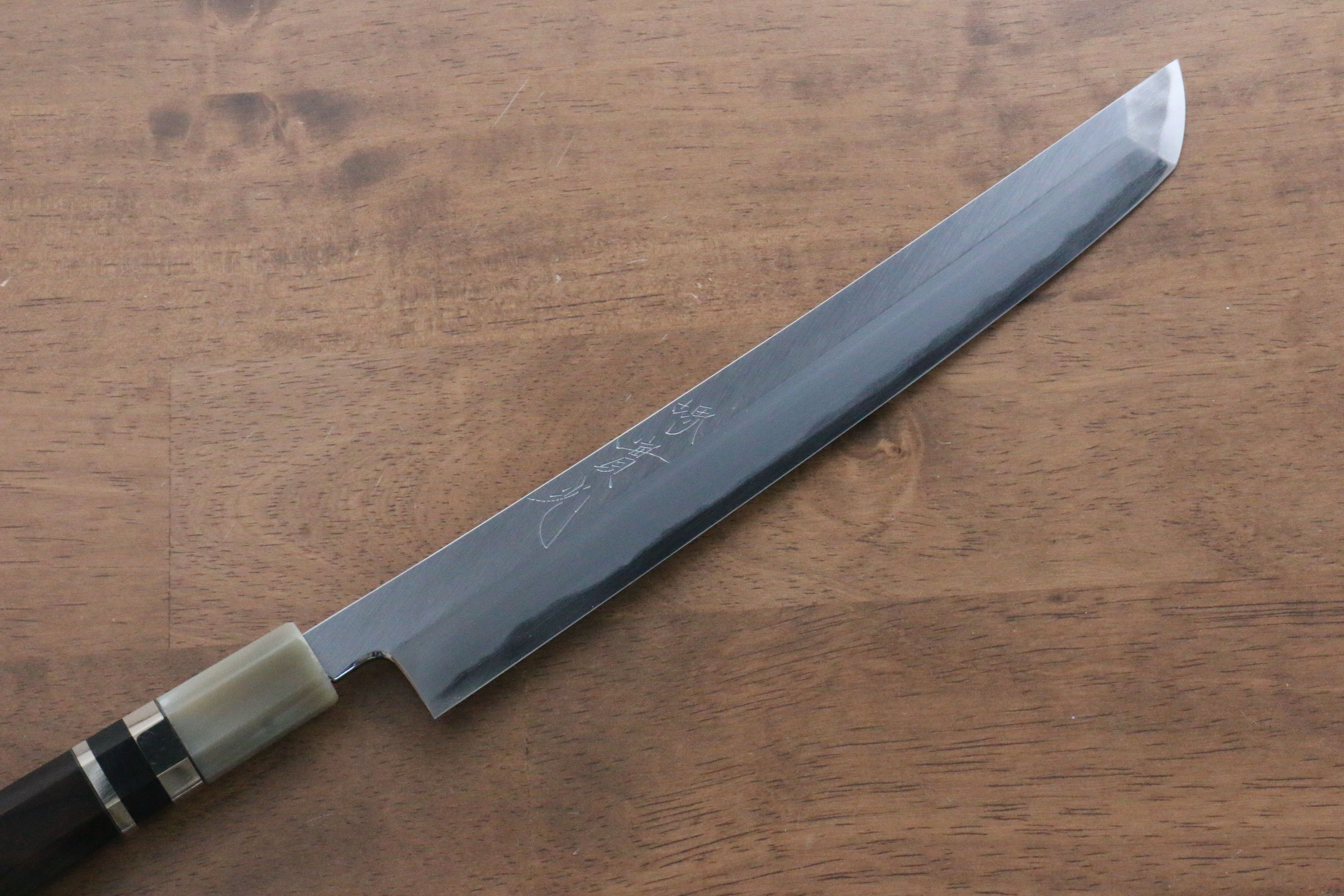 Jikko Shiko White Steel Sakimaru Yanagiba 240mm Ebony with Double Ring Handle - Japanny - Best Japanese Knife