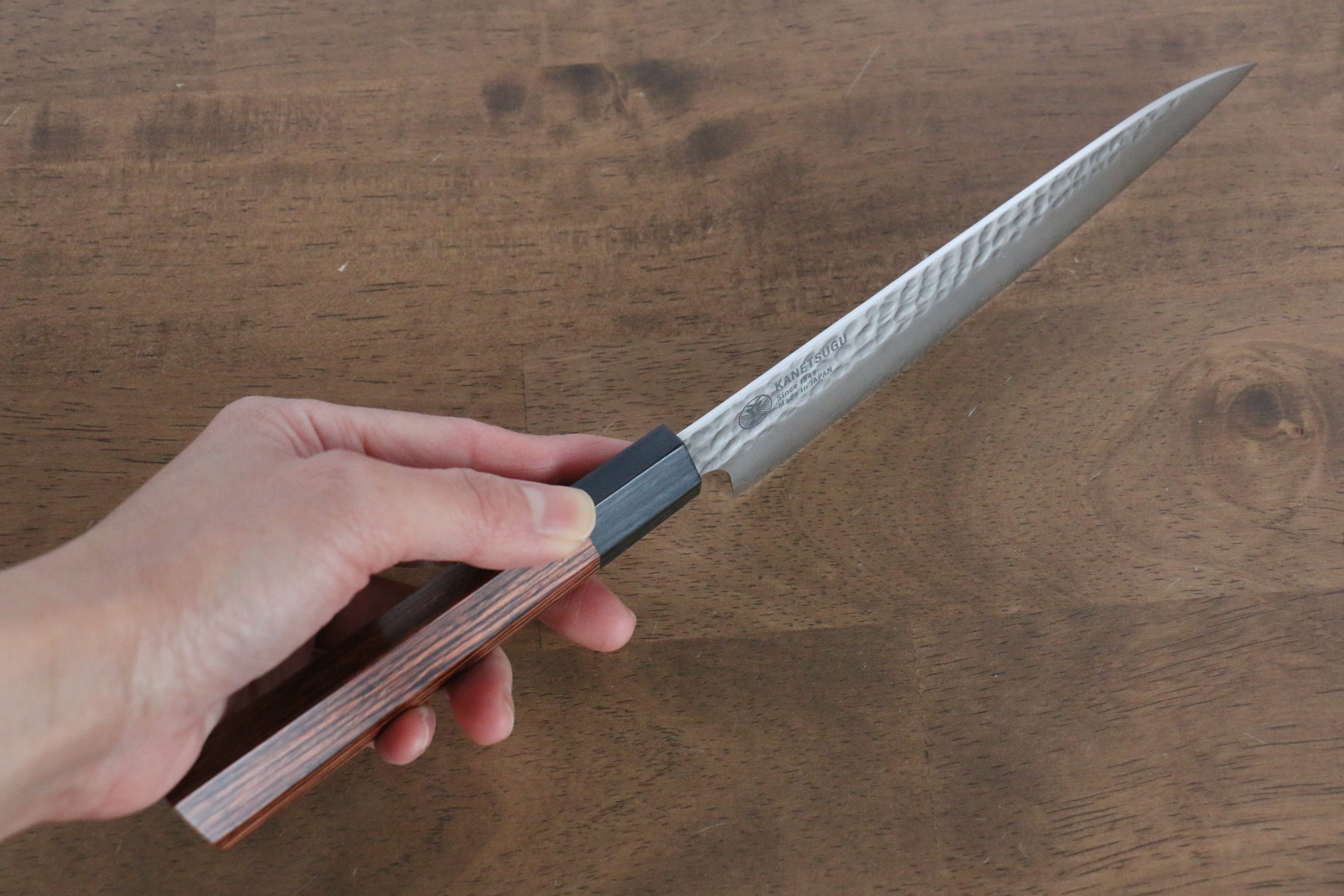 Seki Kanetsugu Heptagon Wood VG10 Hammered Petty-Utility 150mm Pakka wood (heptagonal) Handle - Japanny - Best Japanese Knife