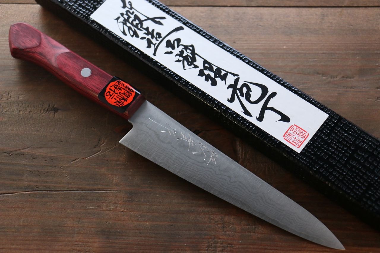 Shigeki Tanaka VG10 17 Layer Damascus Petty-Utility 150mm Red Pakka wood Handle - Japanny - Best Japanese Knife