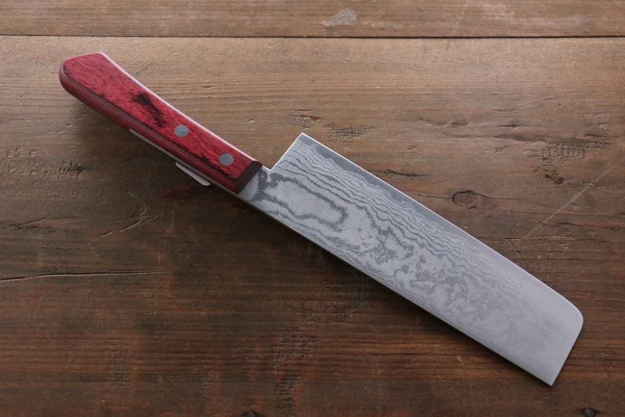 Shigeki Tanaka VG10 17 Layer Damascus Nakiri 160mm Red Pakka wood Handle - Japanny - Best Japanese Knife
