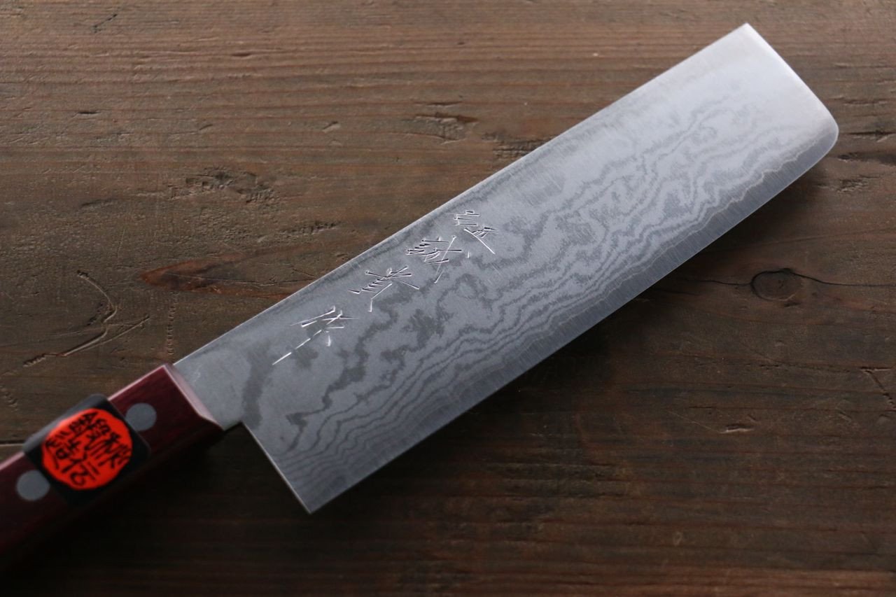 Shigeki Tanaka VG10 17 Layer Damascus Nakiri 160mm Red Pakka wood Handle - Japanny - Best Japanese Knife