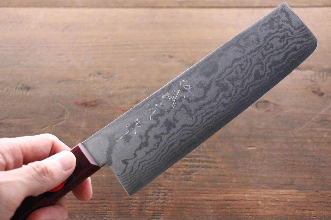 Shigeki Tanaka VG10 17 Layer Damascus Nakiri 160mm Red Pakka wood Handle - Japanny - Best Japanese Knife
