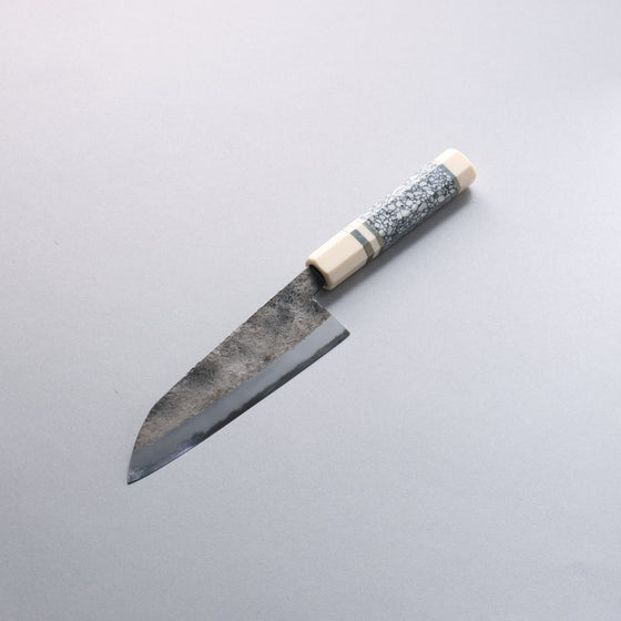 Daisuke Nishida White Steel No.1 Hammered Santoku  165mm White turquoise with Silver Rings and Imitation Ivory Ferrule and End Cap Handle - Japanny - Best Japanese Knife