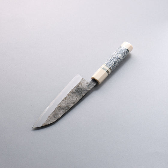 Daisuke Nishida White Steel No.1 Hammered Santoku  165mm White turquoise with Silver Rings and Imitation Ivory Ferrule and End Cap Handle - Japanny - Best Japanese Knife