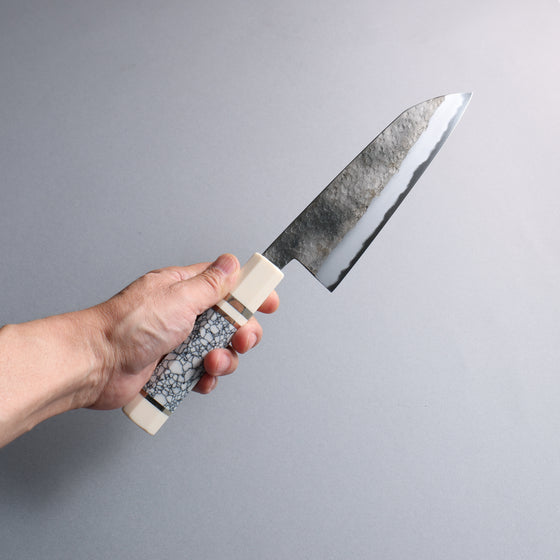 Daisuke Nishida White Steel No.1 Hammered Santoku  165mm White turquoise with Silver Rings and Imitation Ivory Ferrule and End Cap Handle - Japanny - Best Japanese Knife