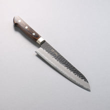  Seisuke Blue Super Hammered Black Finished Santoku  180mm Brown Pakka wood Handle - Japanny - Best Japanese Knife