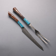  Yuma Oba VG10 Damascus Carving Knife & Fork Set  200mm Ironwood & turquoise Handle - Japanny - Best Japanese Knife