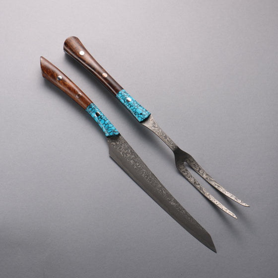 Yuma Oba VG10 Damascus Carving Knife & Fork Set  200mm Ironwood & turquoise Handle - Japanny - Best Japanese Knife