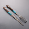 Yuma Oba VG10 Damascus Carving Knife & Fork Set  200mm Ironwood & turquoise Handle - Japanny - Best Japanese Knife