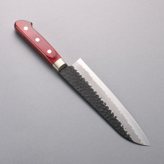 Seisuke Blue Super Hammered Black Finished Santoku  180mm Red Pakka wood Handle - Japanny - Best Japanese Knife