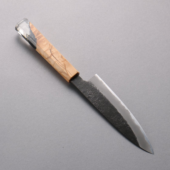 Tomoe Hozan White Steel No.2 Black Finished Petty-Utility  135mm Olive Tree and Black Resin Handle - Japanny - Best Japanese Knife