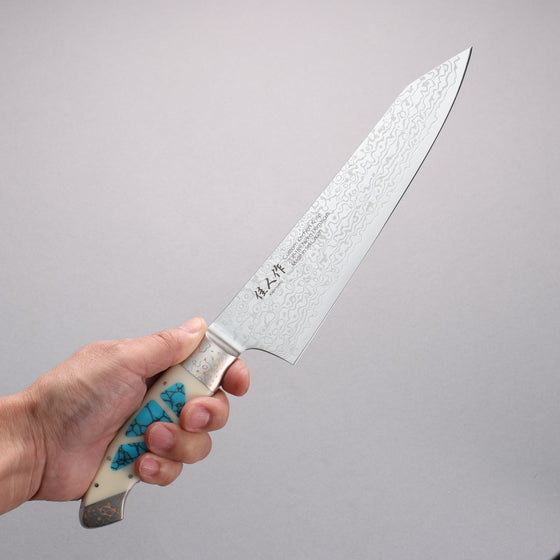 Kajin ZDP189 Damascus Migaki Finished Kiritsuke Gyuto  210mm Corian with Turquoise Inlay Handle - Japanny - Best Japanese Knife