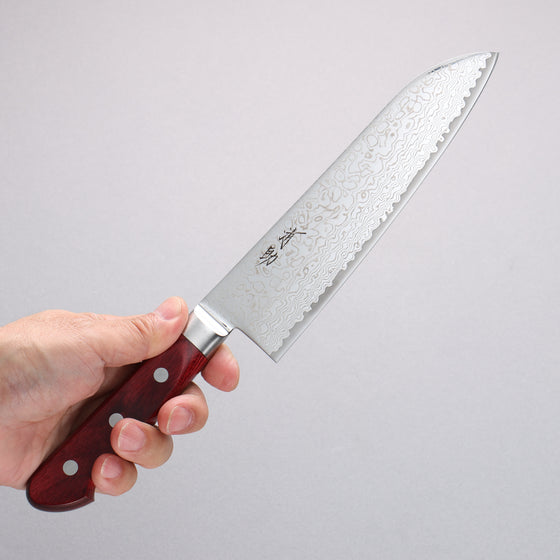 Seisuke Kagami2 AUS10 Mirrored Finish Damascus Santoku  180mm Red Pakka wood Handle - Japanny - Best Japanese Knife