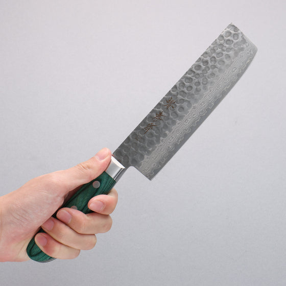 Sakai Takayuki VG10 17 Layer Damascus Nakiri 170mm Green Pakka wood Handle - Japanny - Best Japanese Knife