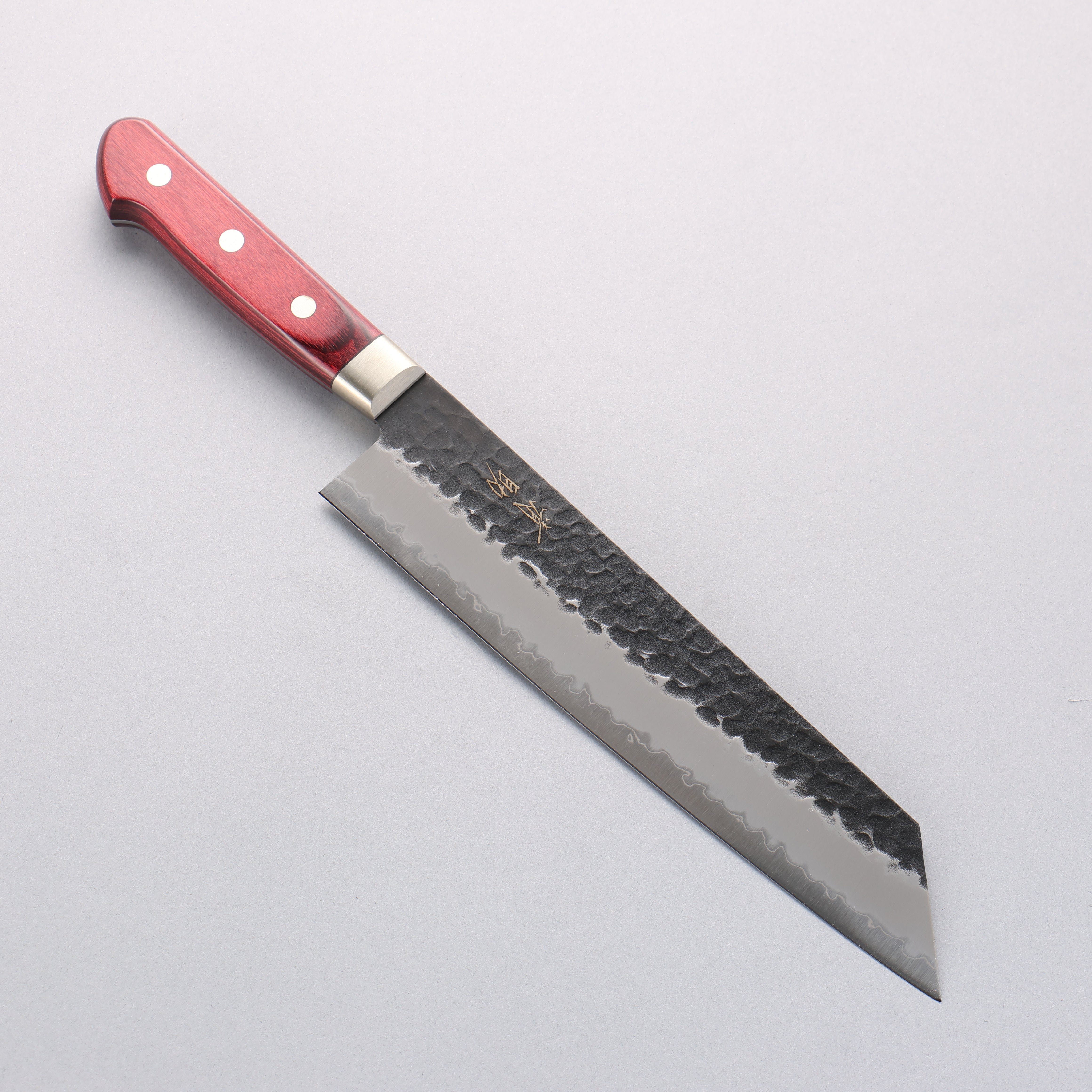 Seisuke Blue Super Hammered Kurouchi Kiritsuke Gyuto 210mm Red Pakka wood Handle - Japanny - Best Japanese Knife