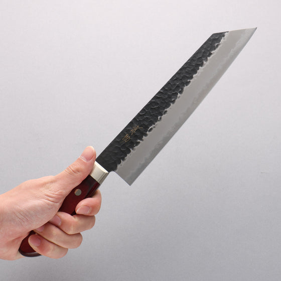 Seisuke Blue Super Hammered Kurouchi Kiritsuke Gyuto 210mm Red Pakka wood Handle - Japanny - Best Japanese Knife