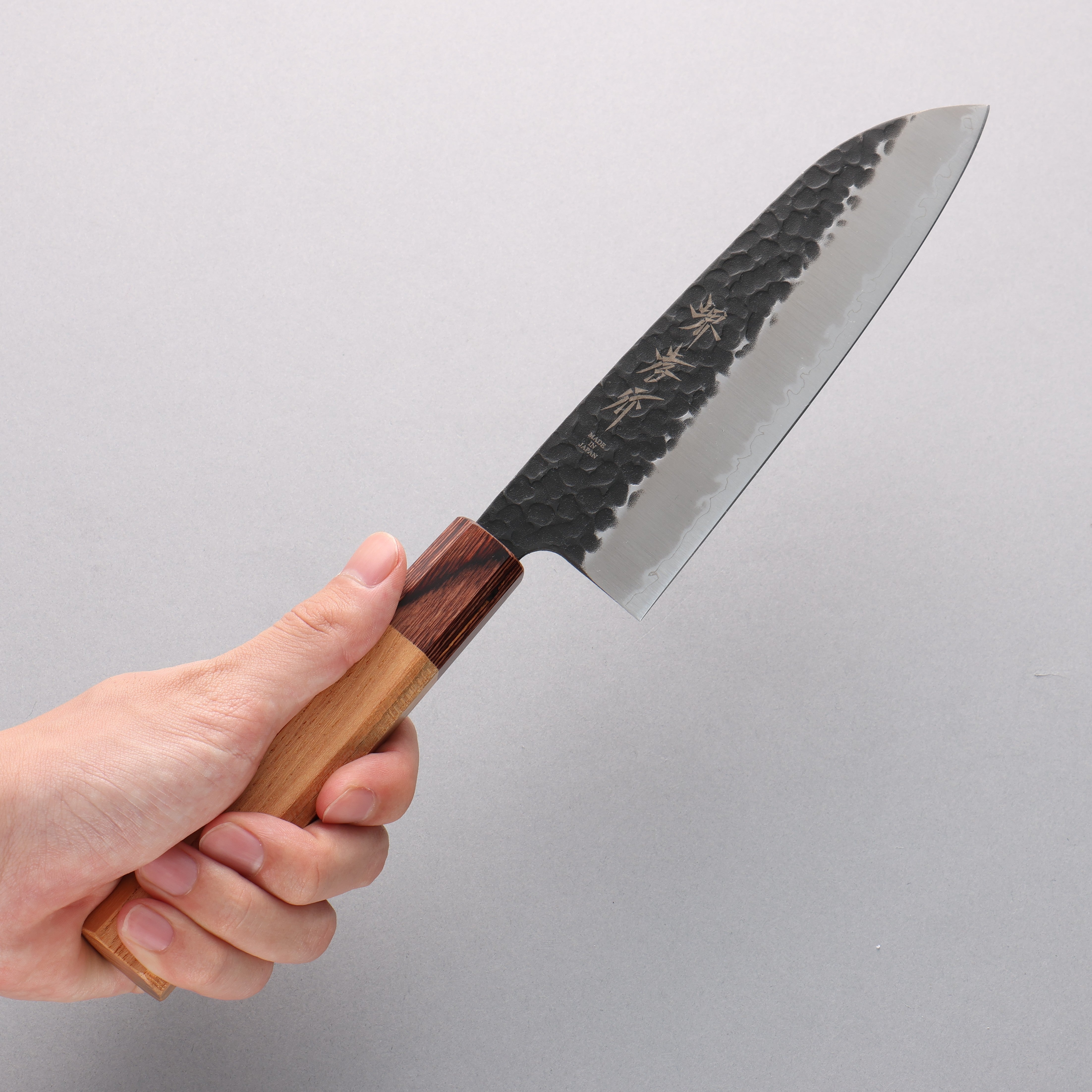 Sakai Takayuki Blue Super Hammered Black Finished Santoku 165mm Keyaki (Japanese Elm) Handle - Japanny - Best Japanese Knife
