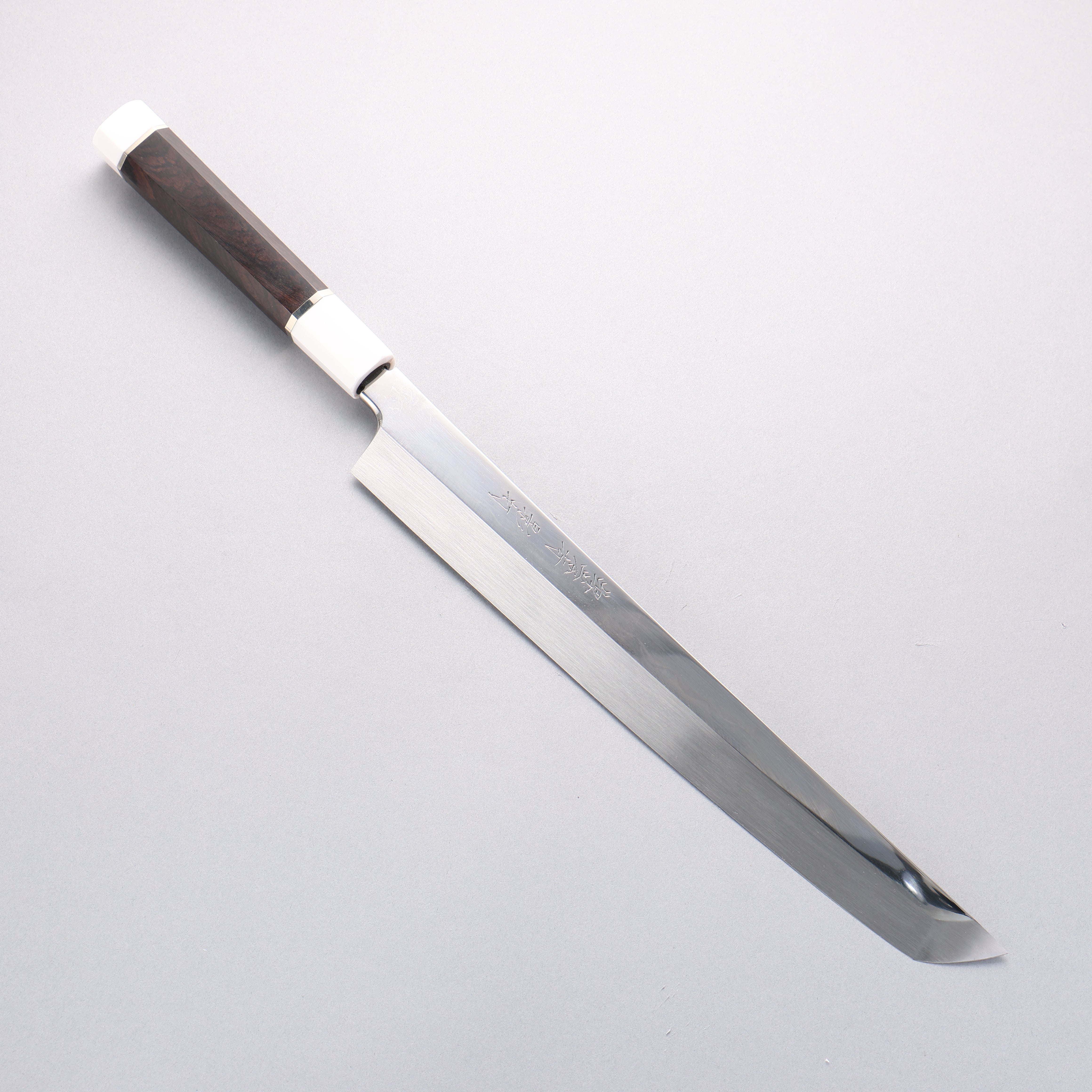 Sakai Takayuki Kageuchi Water Quenching Honyaki White Steel No.2 Mirrored Finish Sakimaru Yanagiba 300mm Ebony with Double Water Buffalo Ring Handle with Sheath - Japanny - Best Japanese Knife