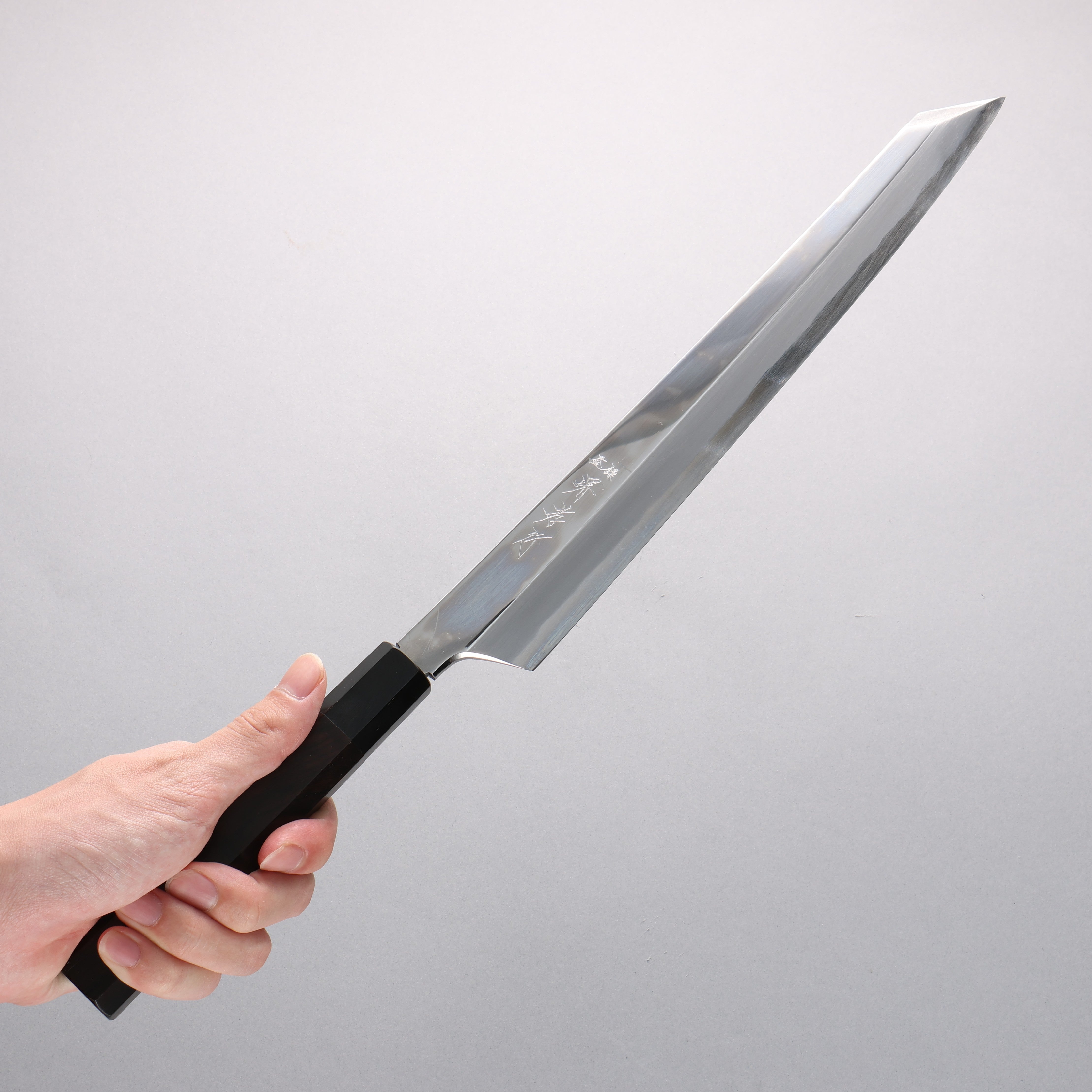 Sakai Takayuki Hien Blue Steel No.2 Mirrored Finish Kengata Yanagiba 300mm Ebony Wood Handle with Sheath - Japanny - Best Japanese Knife