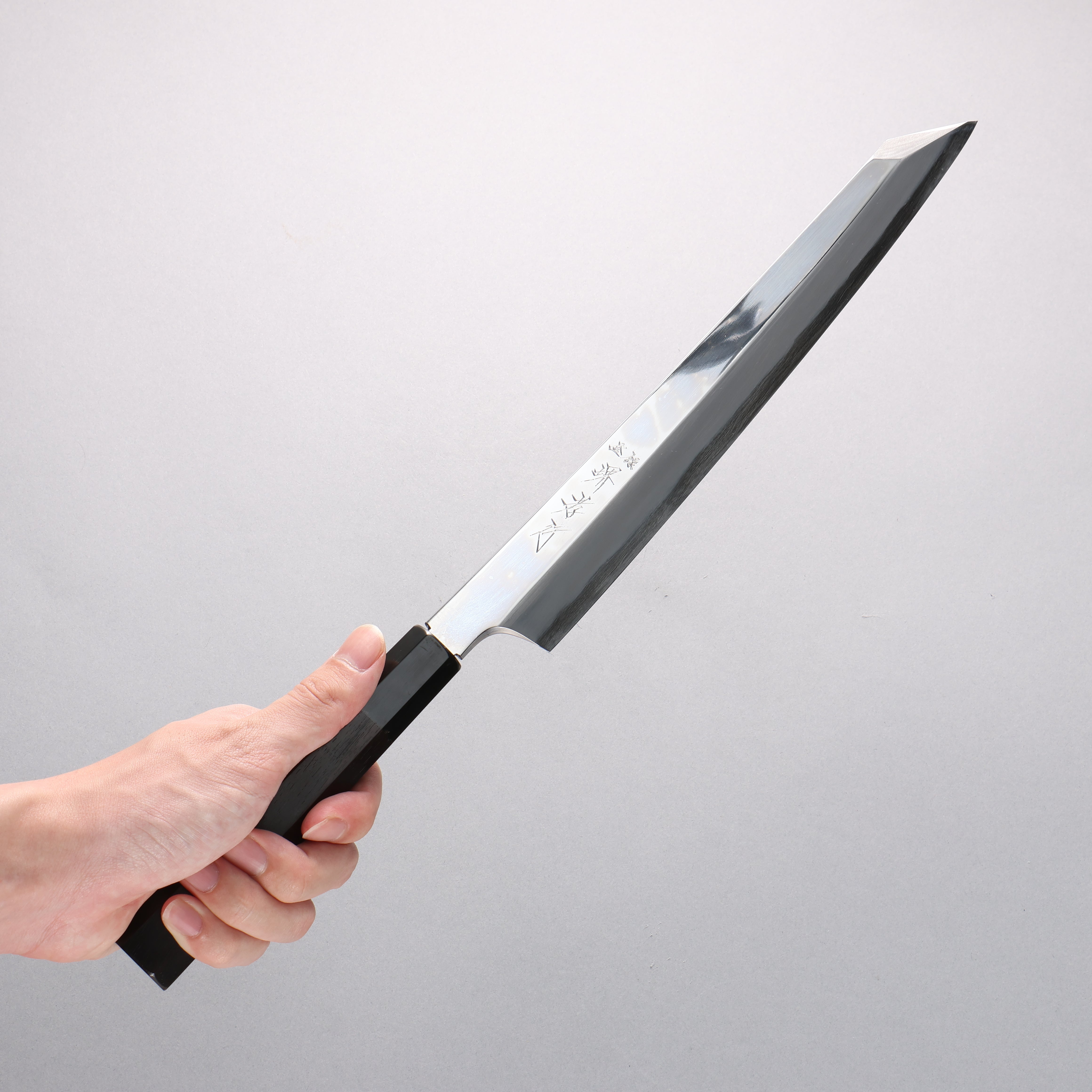 Sakai Takayuki Hien Blue Steel No.2 Mirrored Finish Kengata Yanagiba 270mm Ebony Wood Handle with Sheath - Japanny - Best Japanese Knife