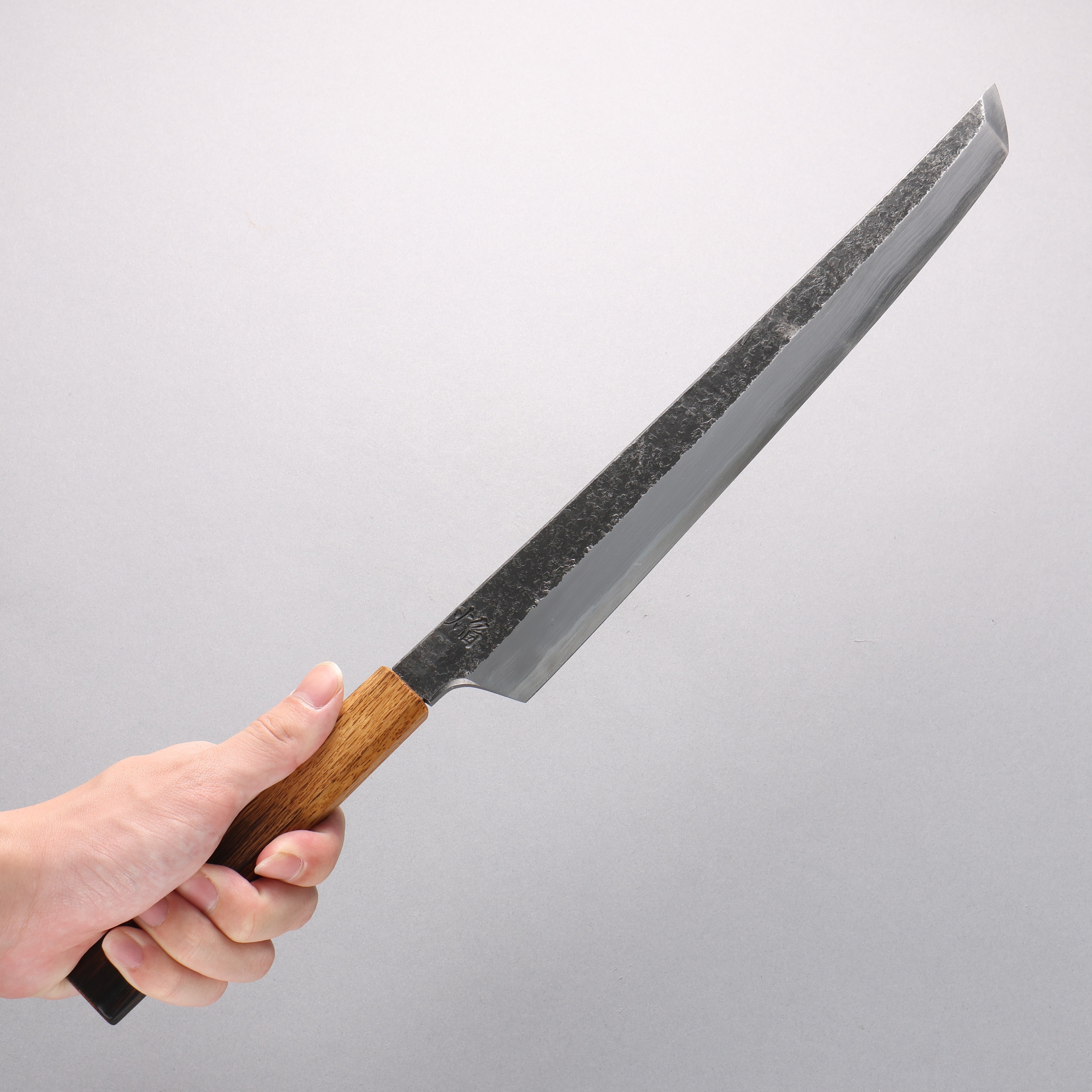 Sakai Takayuki Homura Guren Genbu Blue Steel No.2 Kurouchi Hammered Sakimaru Yanagiba 300mm Burnt Oak Handle - Japanny - Best Japanese Knife