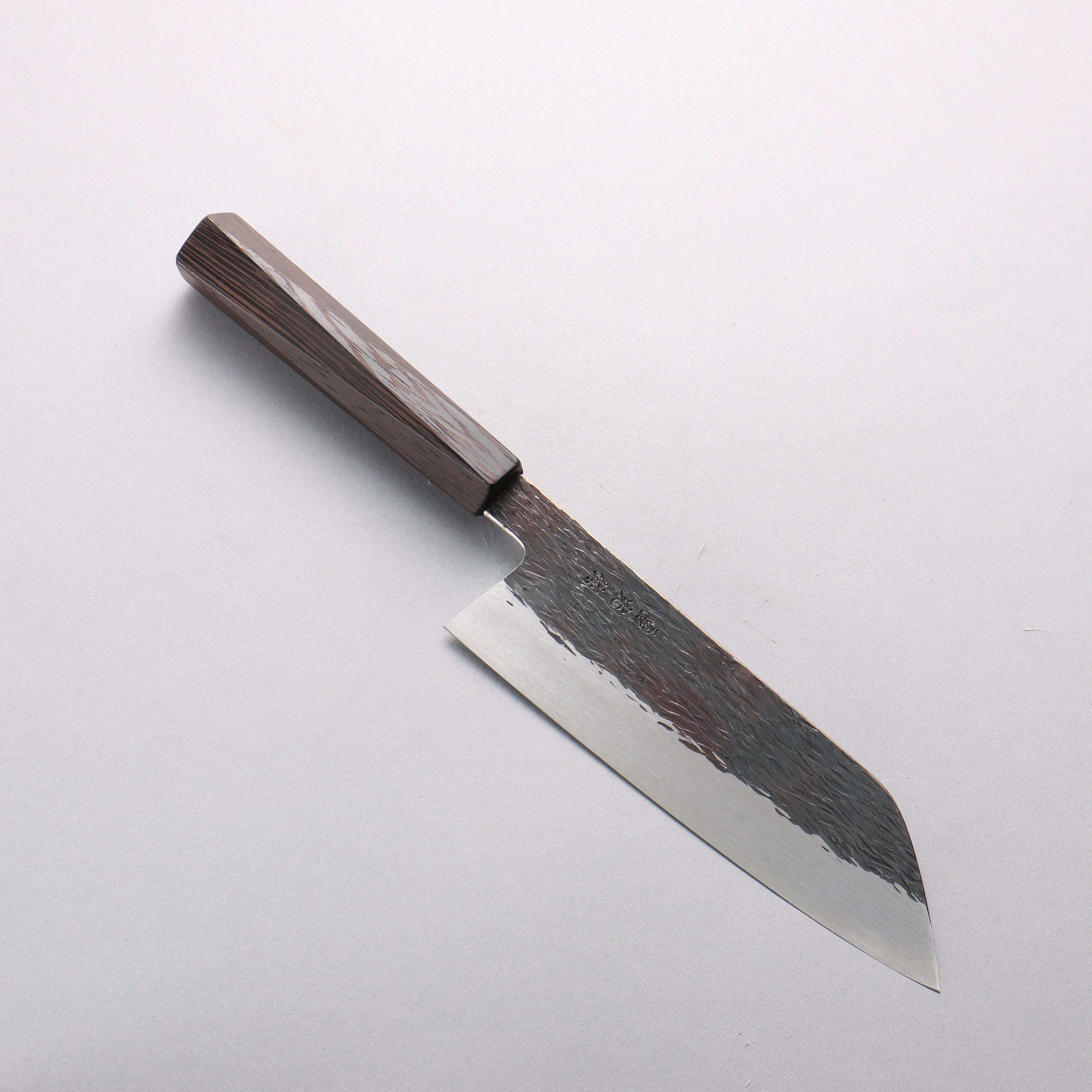 Isamitsu Abe Blue Super Hammered Black Finished Santoku 180mm Rosewood (pentagonal) Handle - Japanny - Best Japanese Knife