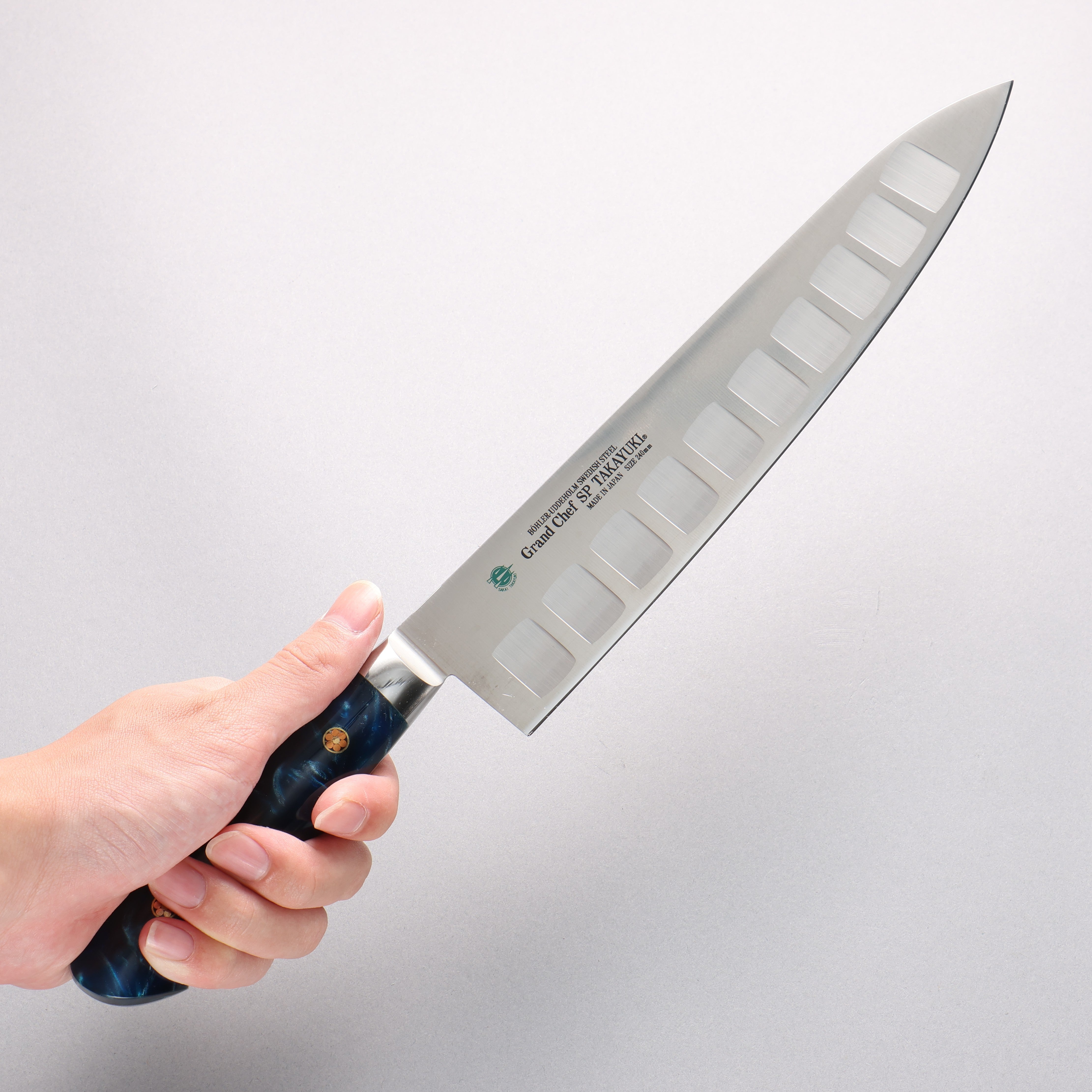 Sakai Takayuki Grand Chef SP Uddeholm Swedish stain-resistant steel Gyuto Salmon 240mm SP Type III (Ocean) Handle - Japanny - Best Japanese Knife