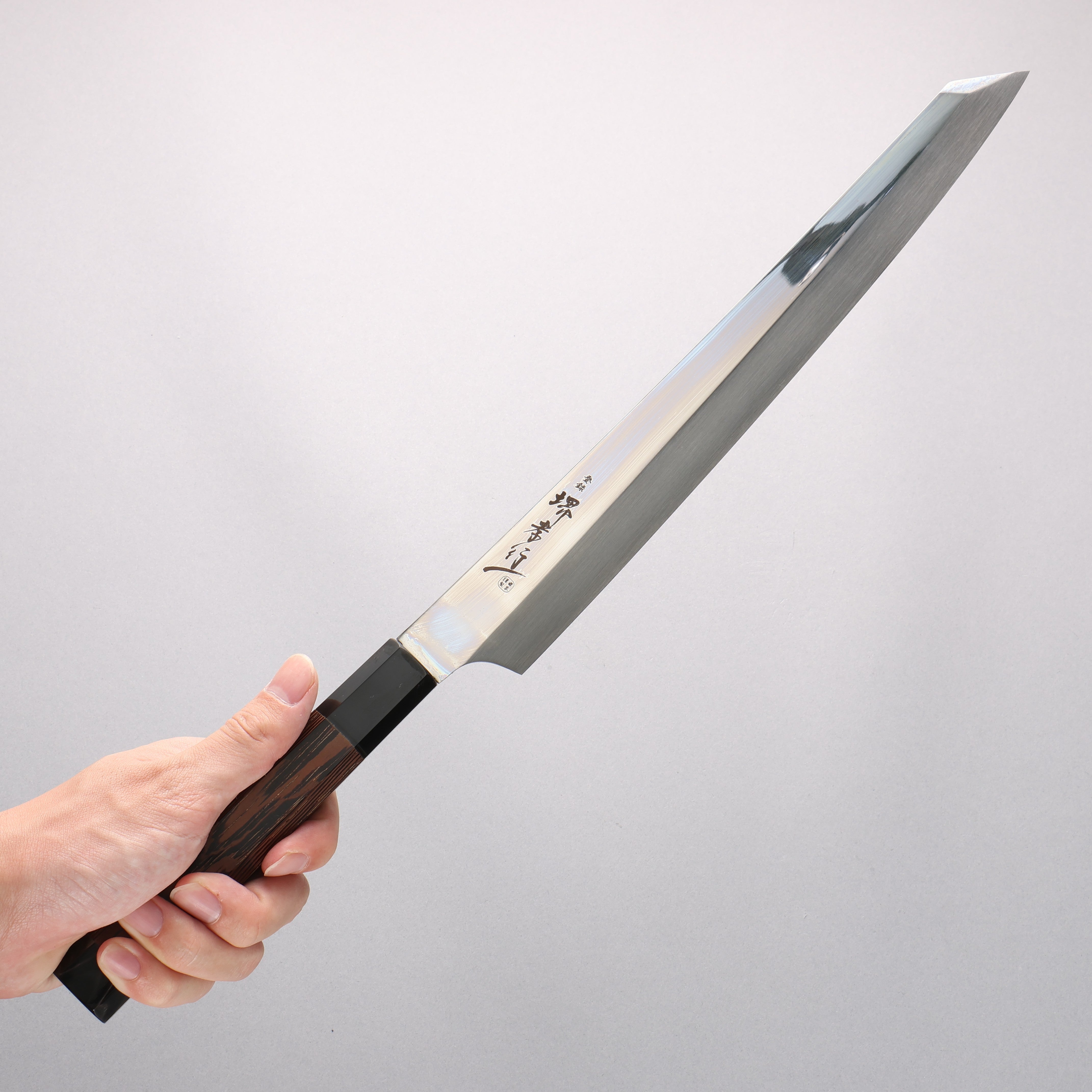 Sakai Takayuki Ginryu Honyaki Swedish Steel Mirrored Finish Kengata Yanagiba 300mm Wenge with Double Water Buffalo Ring Handle with Sheath - Japanny - Best Japanese Knife