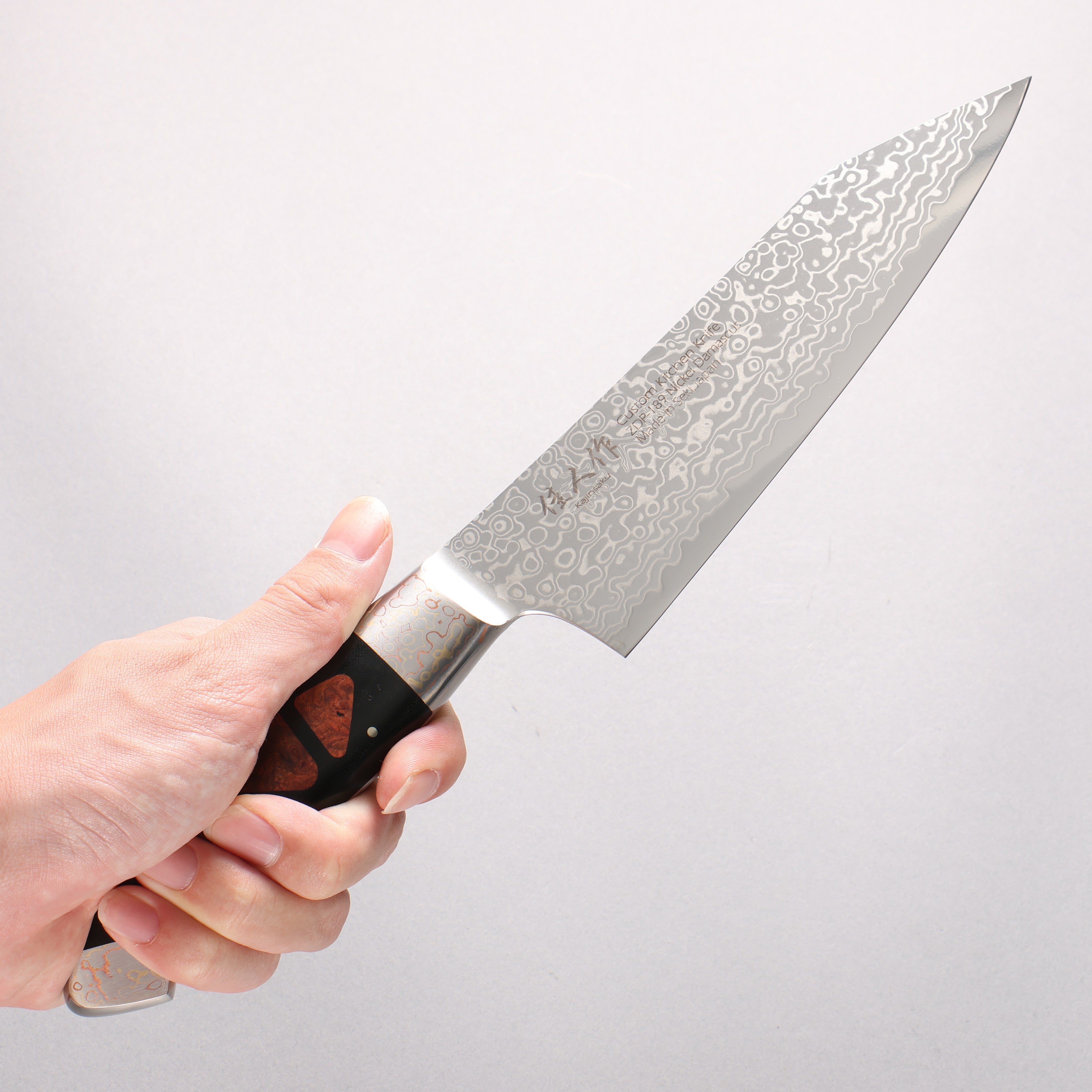 Kajin ZDP189 Damascus Migaki Finished Kiritsuke Santoku 165mm Chinese Quince Burl Inlay Handle - Japanny - Best Japanese Knife