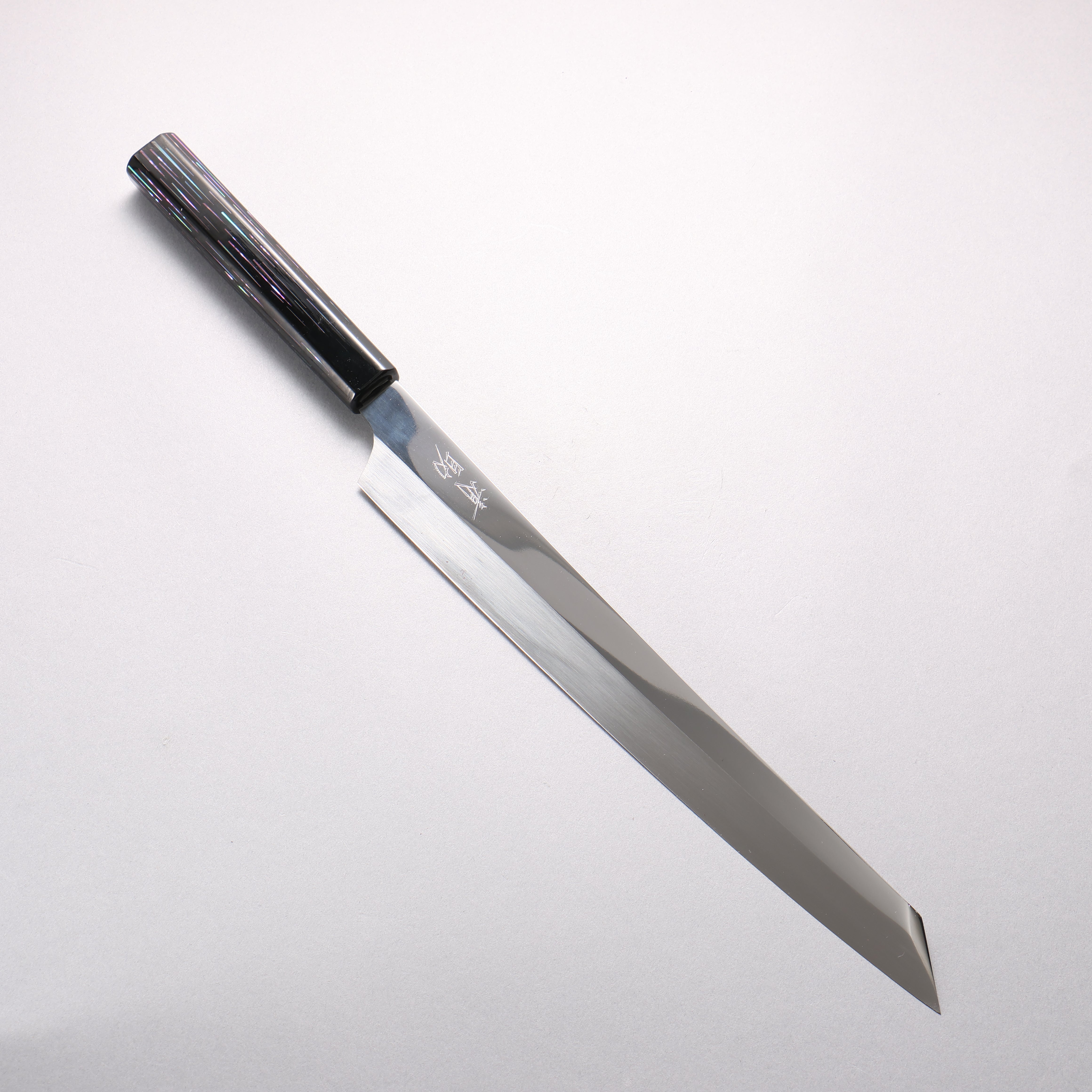 Sakai Takayuki Honyaki Hien VG10 Mirrored Finish Kengata Yanagiba 300mm Black Lacquered (with Mother of Pearl inlay) Handle with Sheath Tetris Pattern MOP inlay (テトリス調螺鈿) - Japanny - Best Japanese Knife