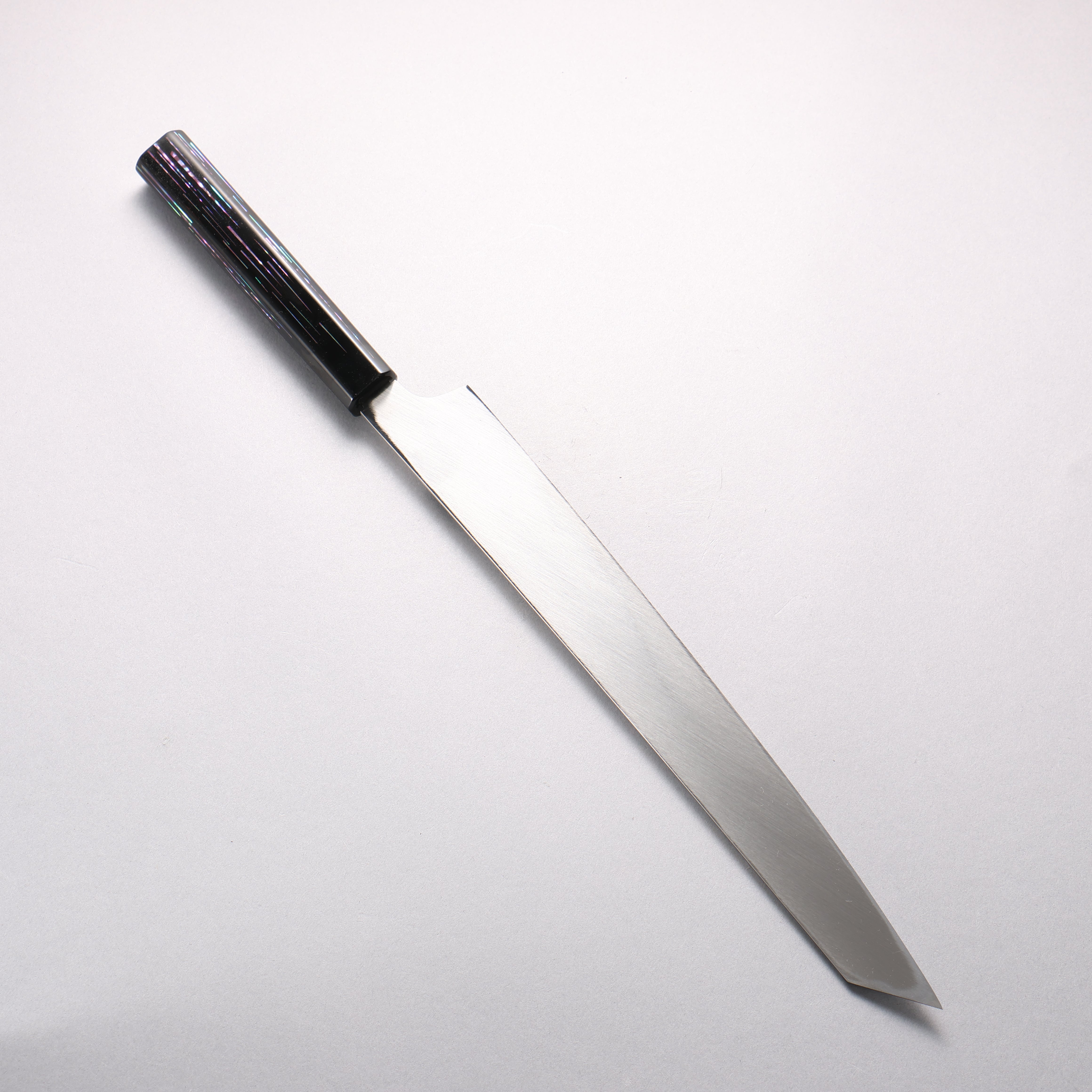 Sakai Takayuki Honyaki Hien VG10 Mirrored Finish Kengata Yanagiba 300mm Black Lacquered (with Mother of Pearl inlay) Handle with Sheath Tetris Pattern MOP inlay (テトリス調螺鈿) - Japanny - Best Japanese Knife