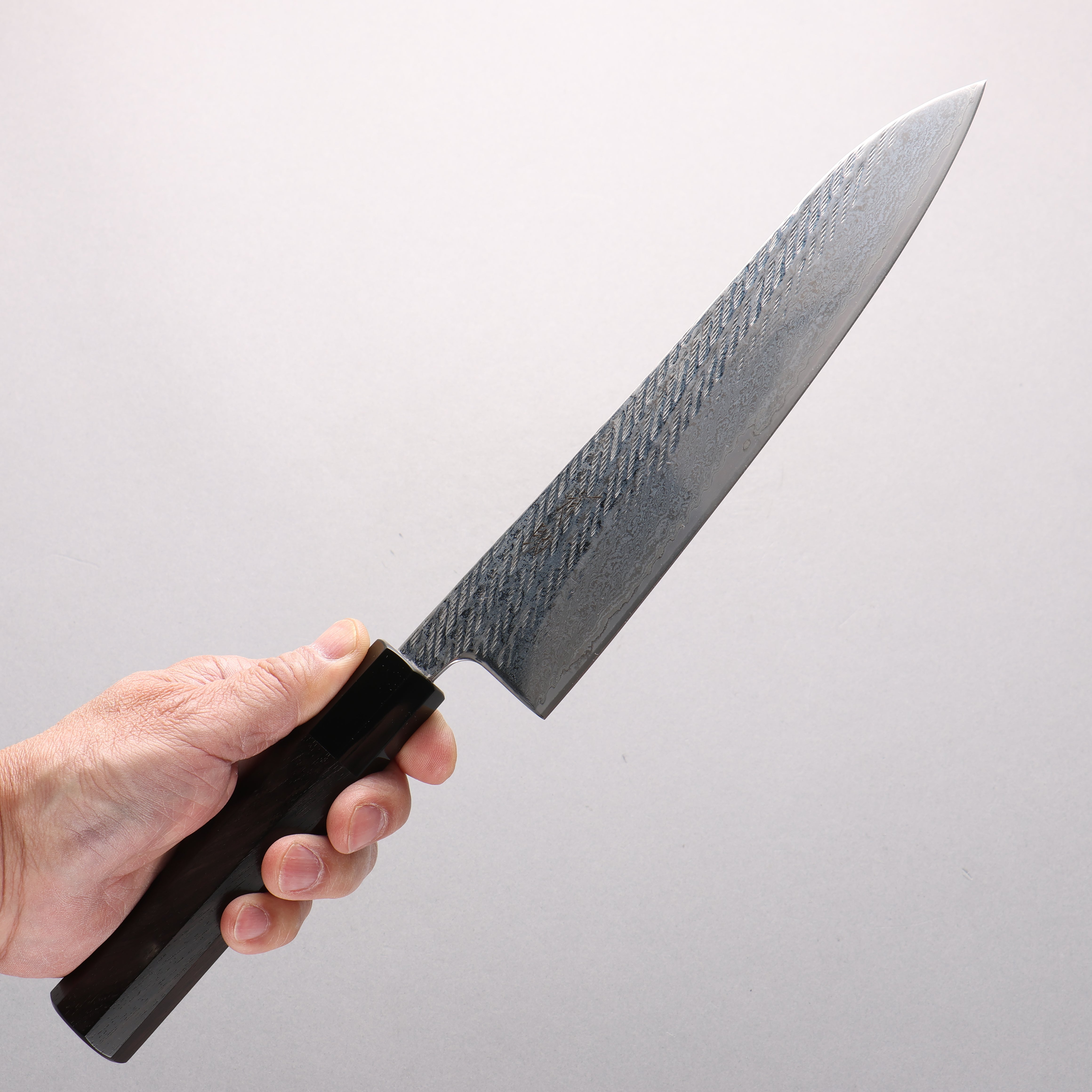 Seisuke Silver Steel No.3 Damascus Rope Pattern Gyuto 210mm Ebony Wood (ferrule: Black Water Buffalo Horn) Handle