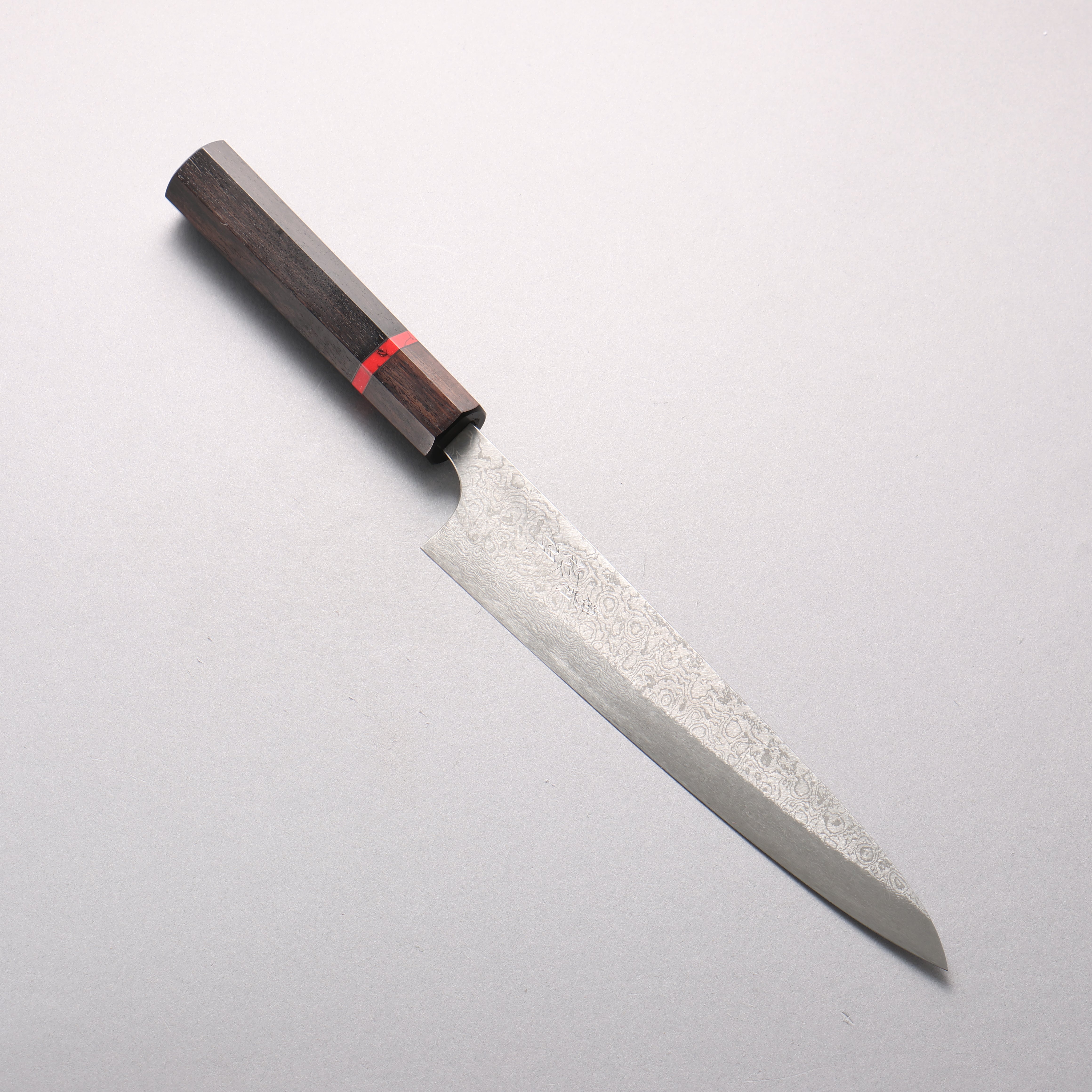 Takumi Ikeda Suikyou VG10 Migaki Finished Damascus Sujihiki 210mm Ebony Wood (With Red Turquoise Ring) Handle - Japanny - Best Japanese Knife