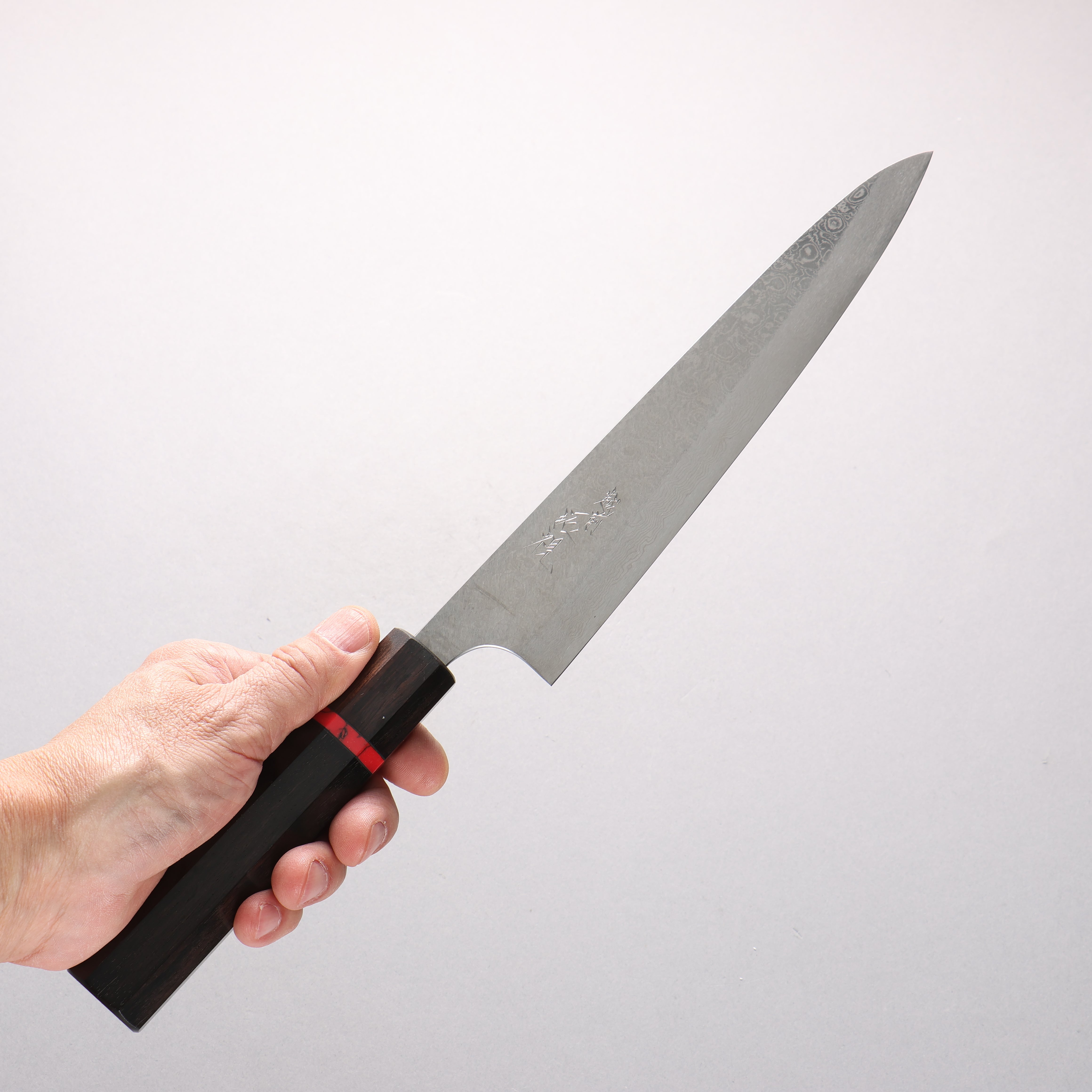 Takumi Ikeda Suikyou VG10 Migaki Finished Damascus Sujihiki 210mm Ebony Wood (With Red Turquoise Ring) Handle - Japanny - Best Japanese Knife
