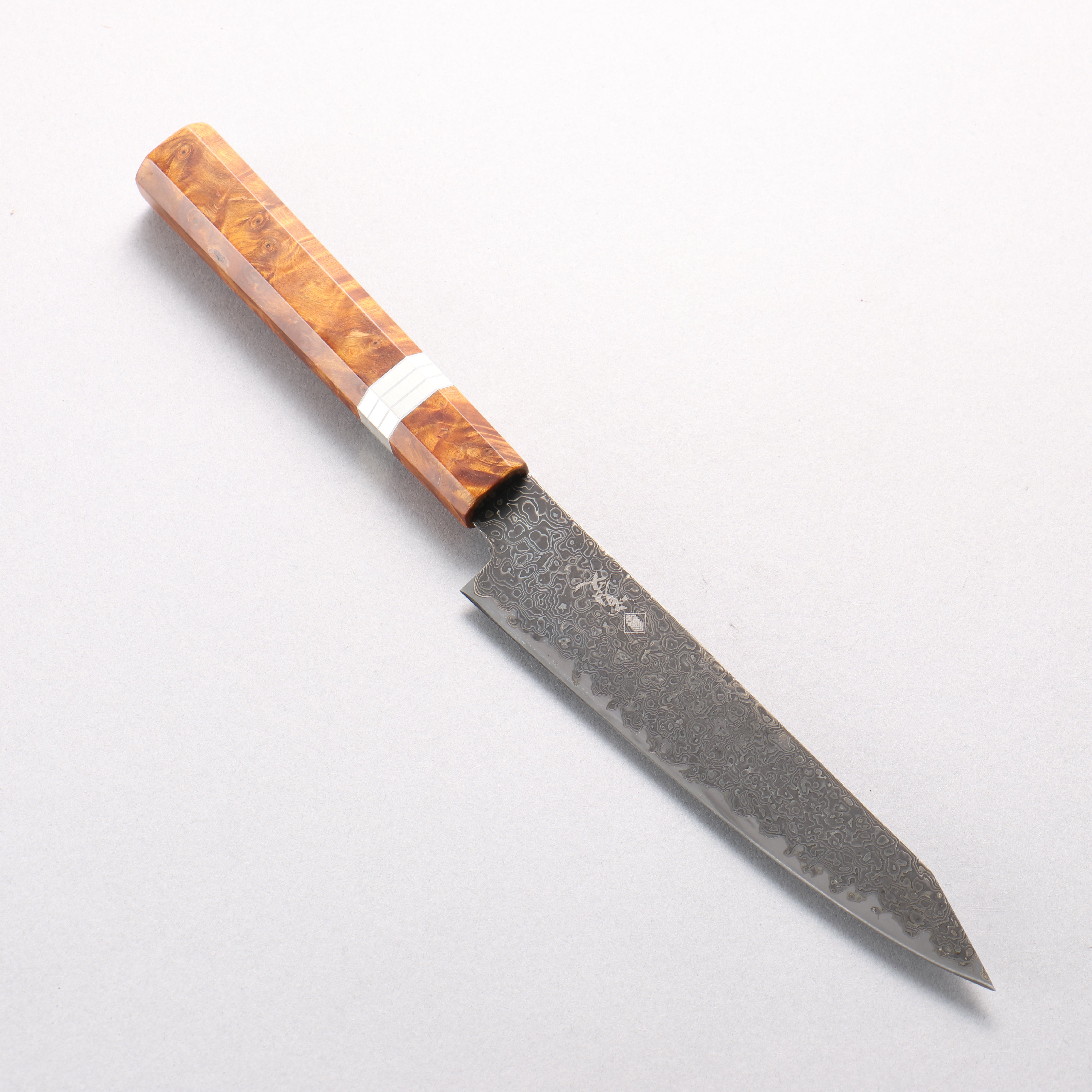 Kanjyo SG2 Black Damascus Kiritsuke Petty-Utility 150mm Brown Stabilized Wood (Silver Rings) Handle