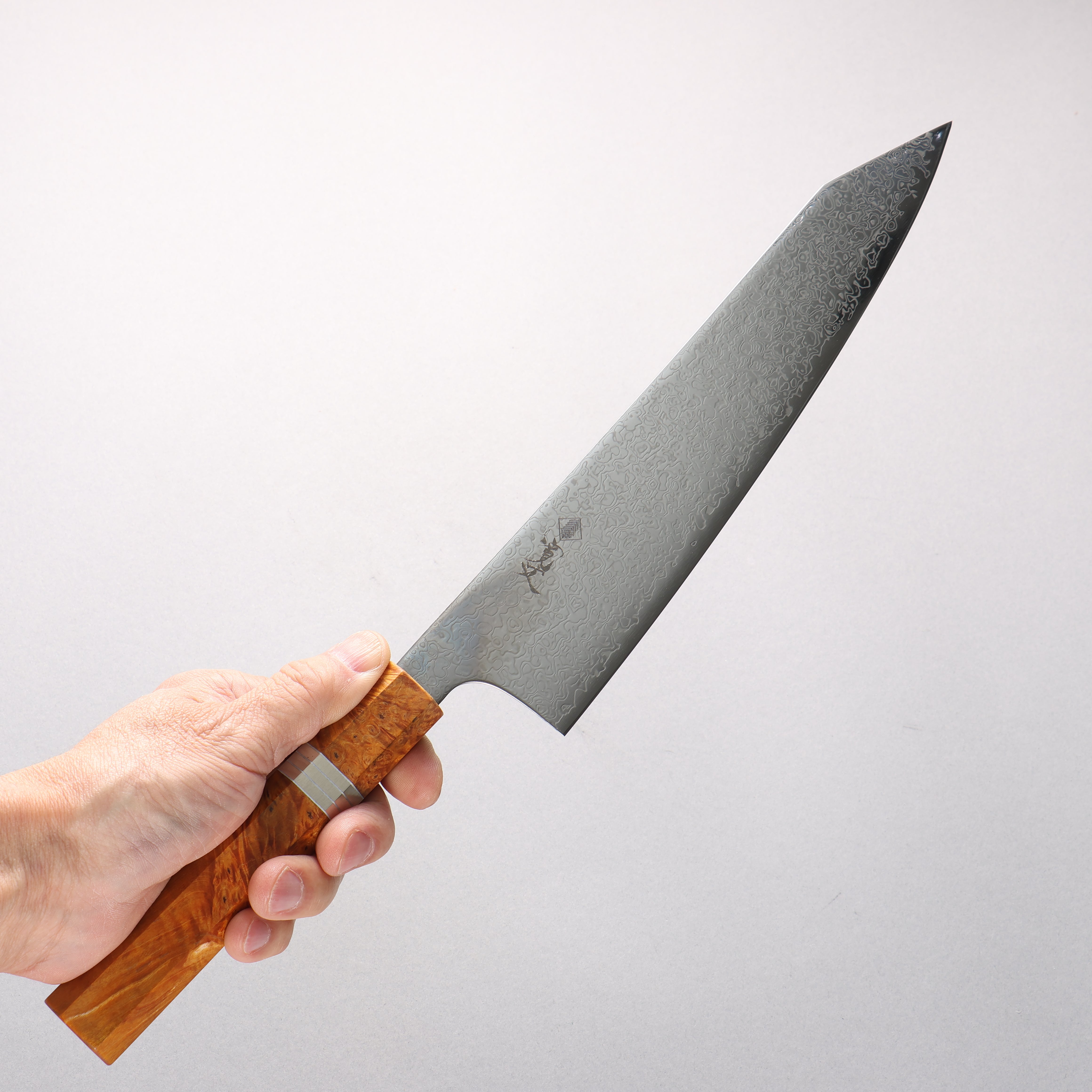 Kanjyo SG2 Damascus Migaki Finished Kiritsuke Gyuto 240mm Brown Stabilized Wood (Silver Rings) Handle - Japanny - Best Japanese Knife