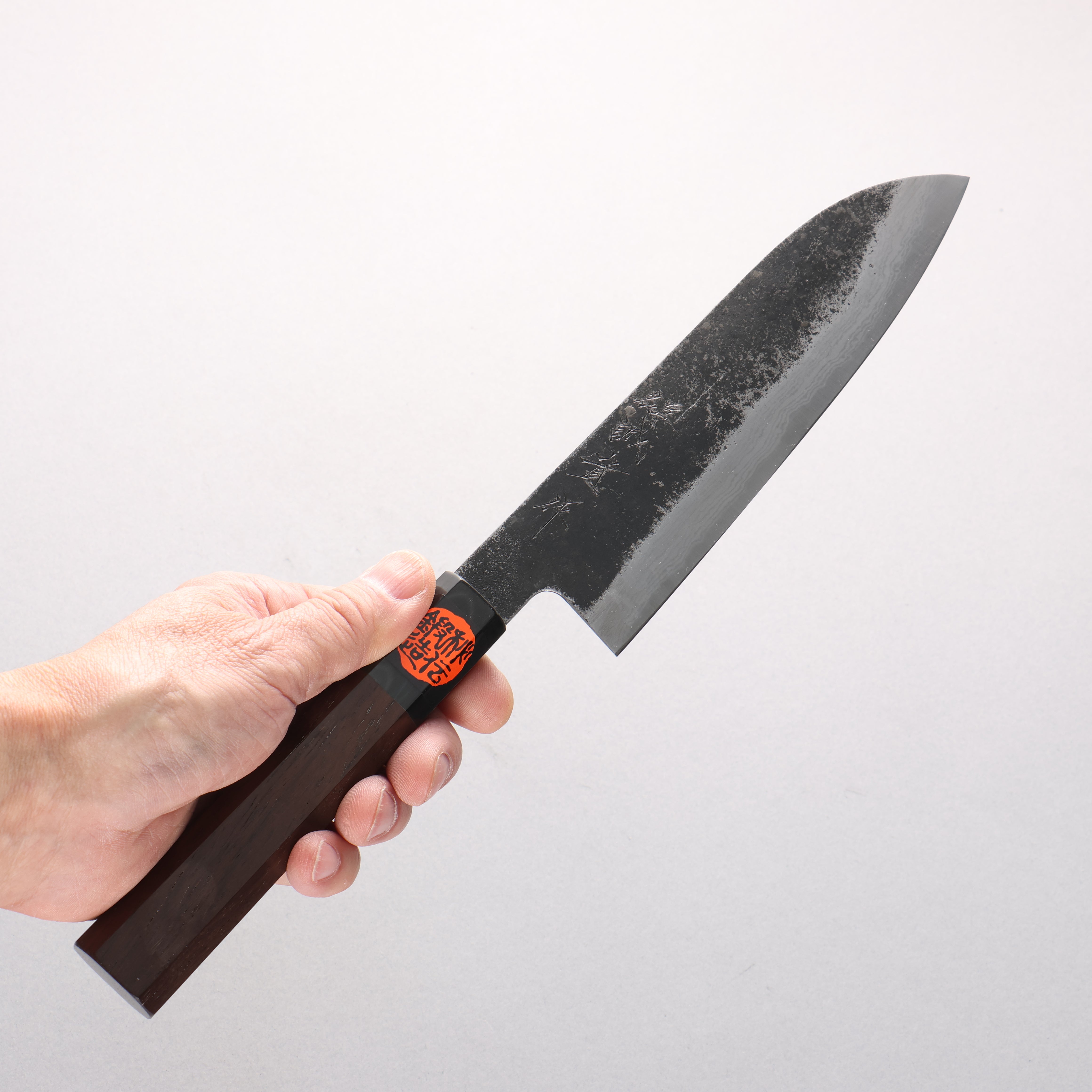 Shigeki Tanaka TEKKA Blue Steel No.2 Kurouchi Damascus Santoku 170mm Walnut Handle - Japanny - Best Japanese Knife