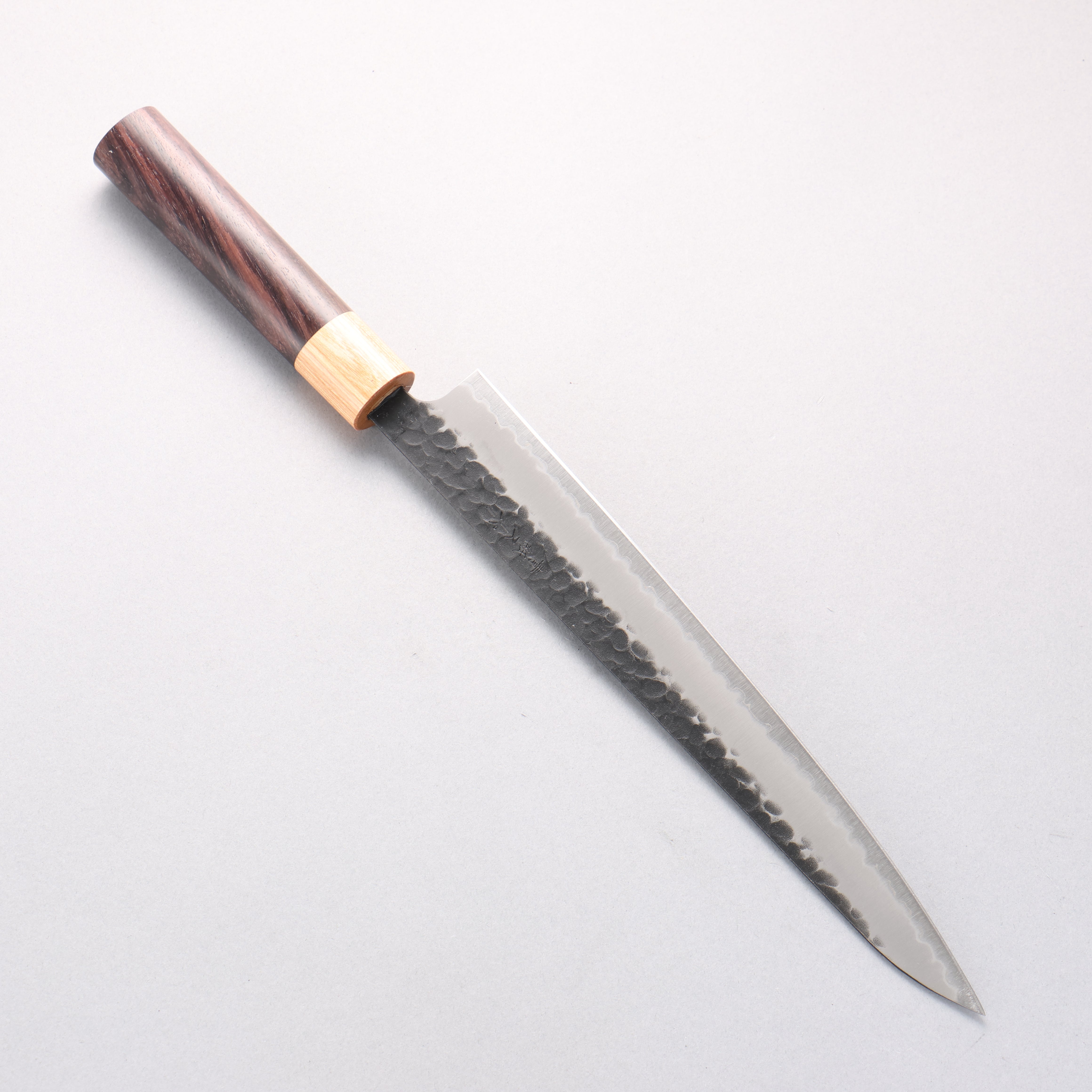 Seisuke Kokubyaku Blue Super Hammered Kurouchi Sujihiki 240mm Shitan Handle - Japanny - Best Japanese Knife