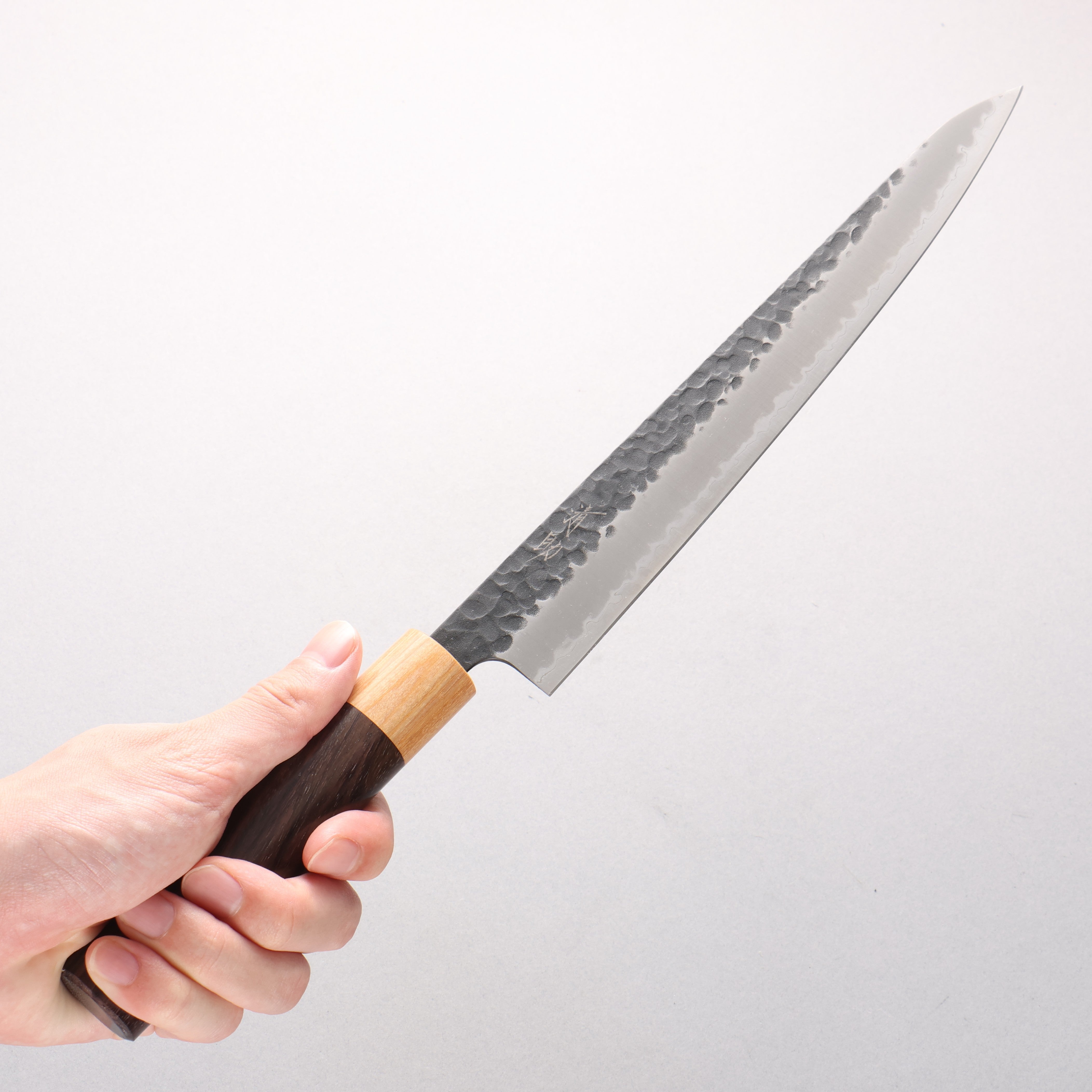 Seisuke Kokubyaku Blue Super Hammered Kurouchi Sujihiki 240mm Shitan Handle - Japanny - Best Japanese Knife