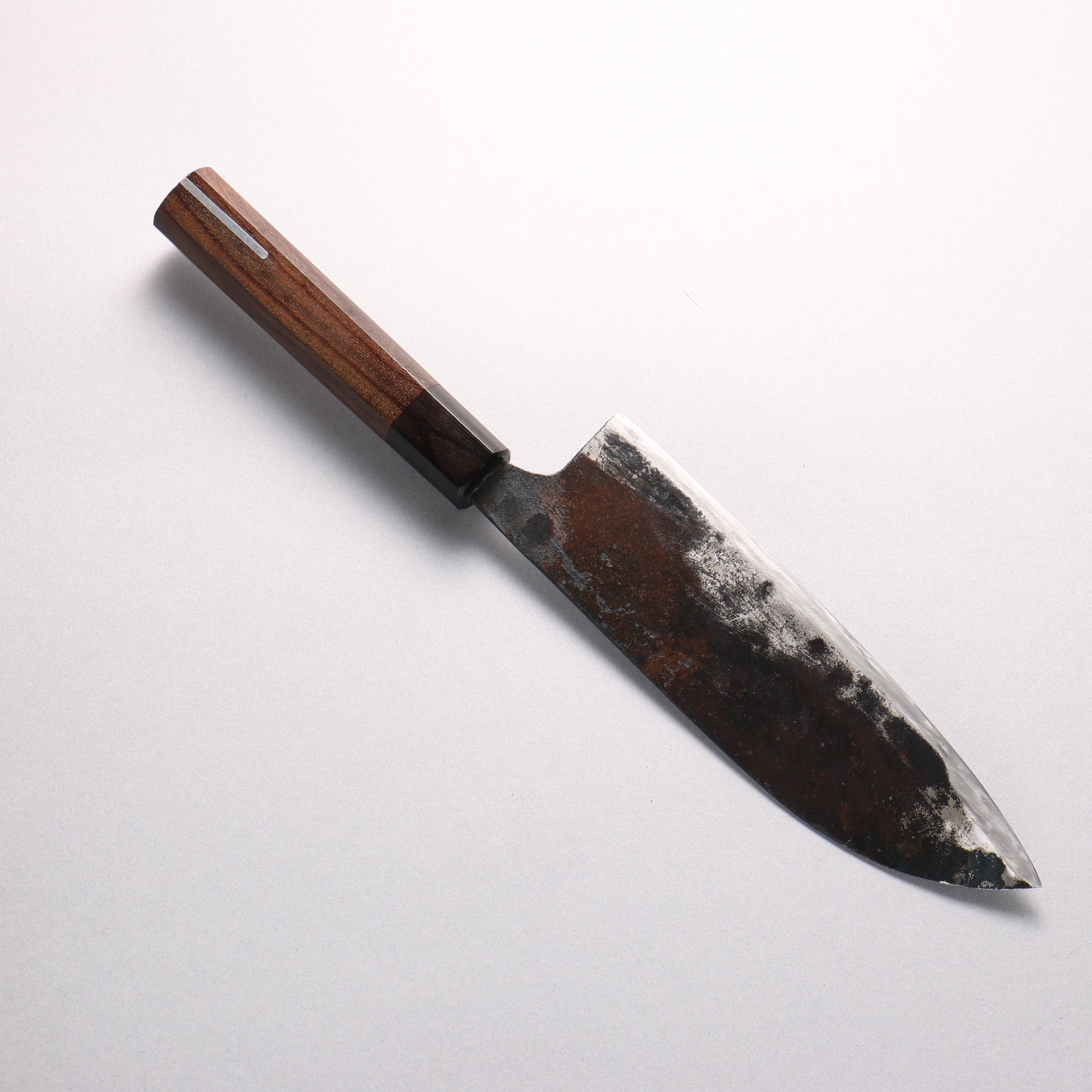 Shigemitsu Ito Tamahagane Meteorite Cladded Black Finished Santoku 180mm Rosewood (ferrule: Black Pakka wood With Silver Lining) Handle