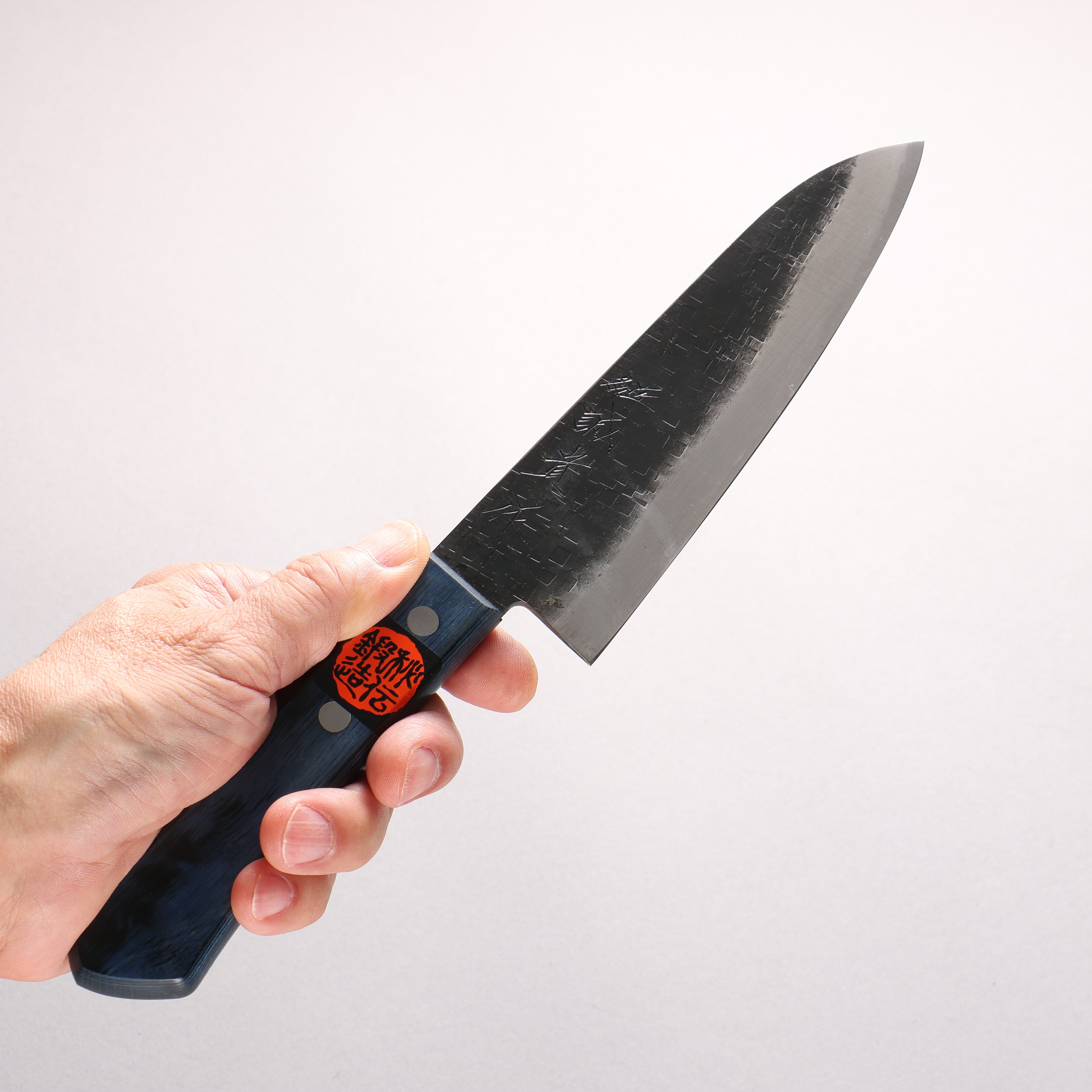 Shigeki Tanaka Blue Steel No.2 Black Finished Hammered(square) Small Santoku 150mm Blue Pakka wood Handle