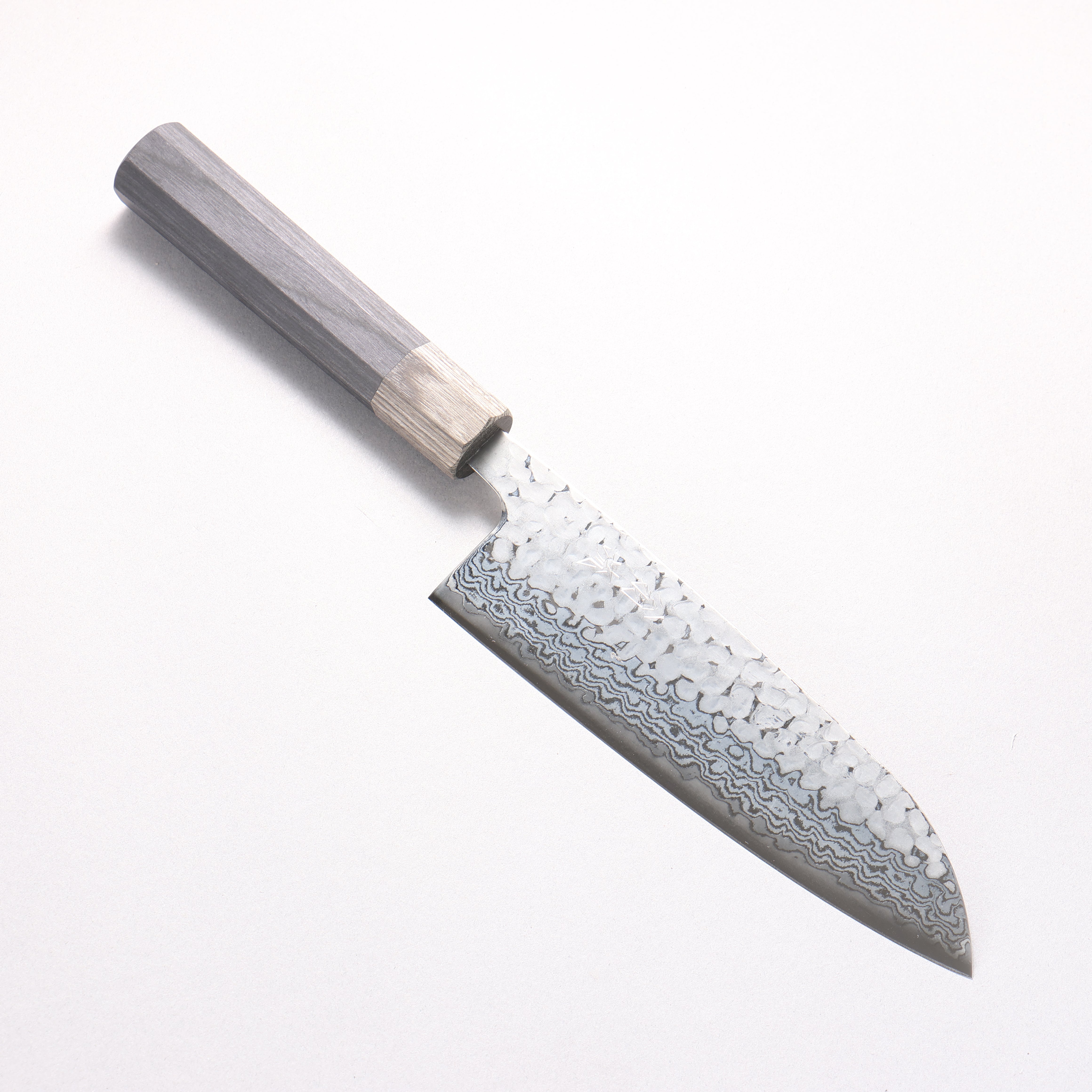Oul Silver Steel No.3 Hammered Damascus Moon White Santoku 165mm Black Pakka wood Handle