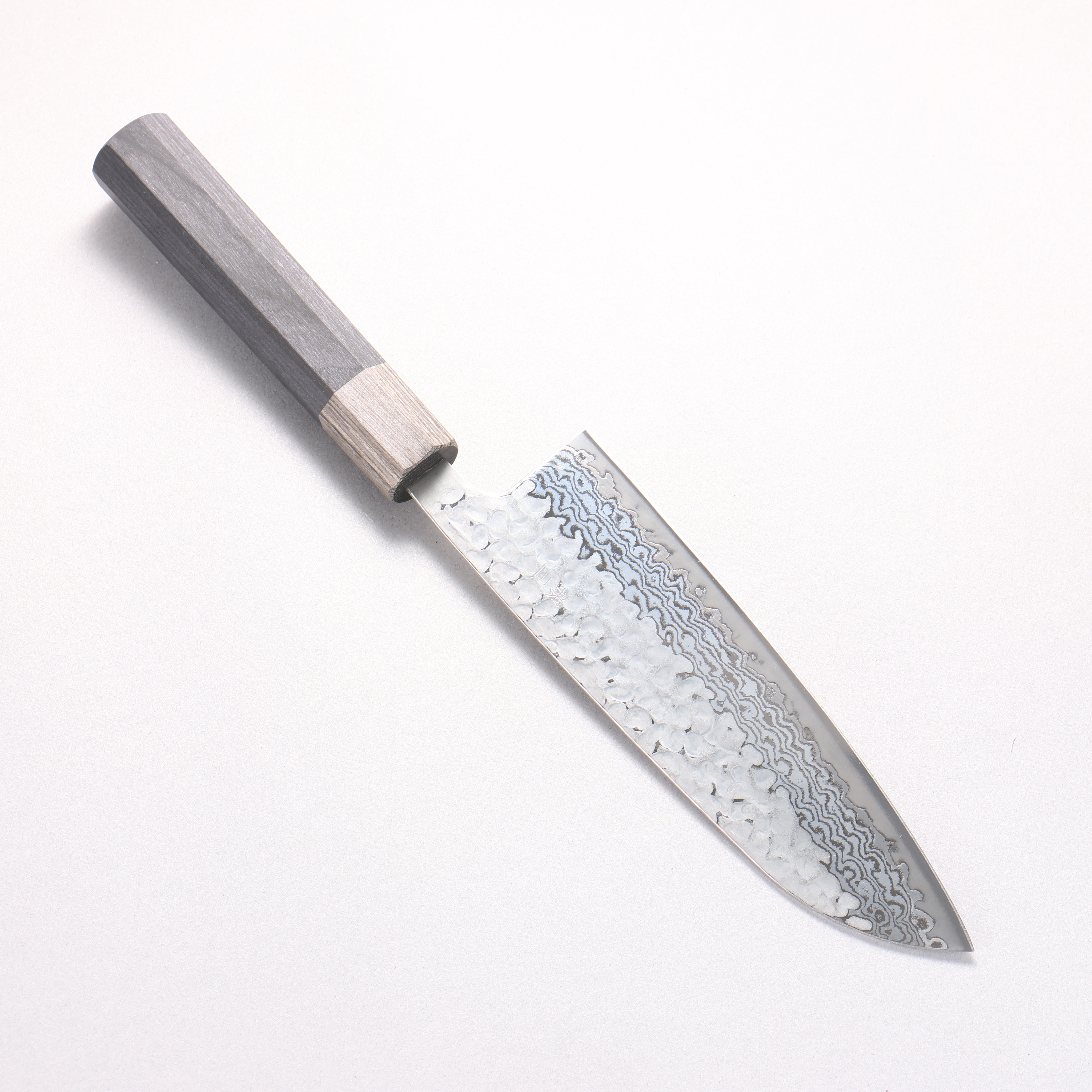 Oul Silver Steel No.3 Hammered Damascus Moon White Santoku 165mm Black Pakka wood Handle