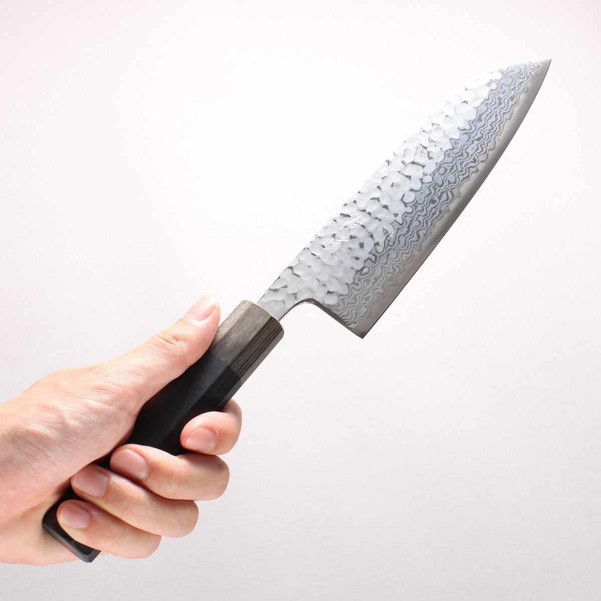 Oul Silver Steel No.3 Hammered Damascus Moon White Santoku 165mm Black Pakka wood Handle