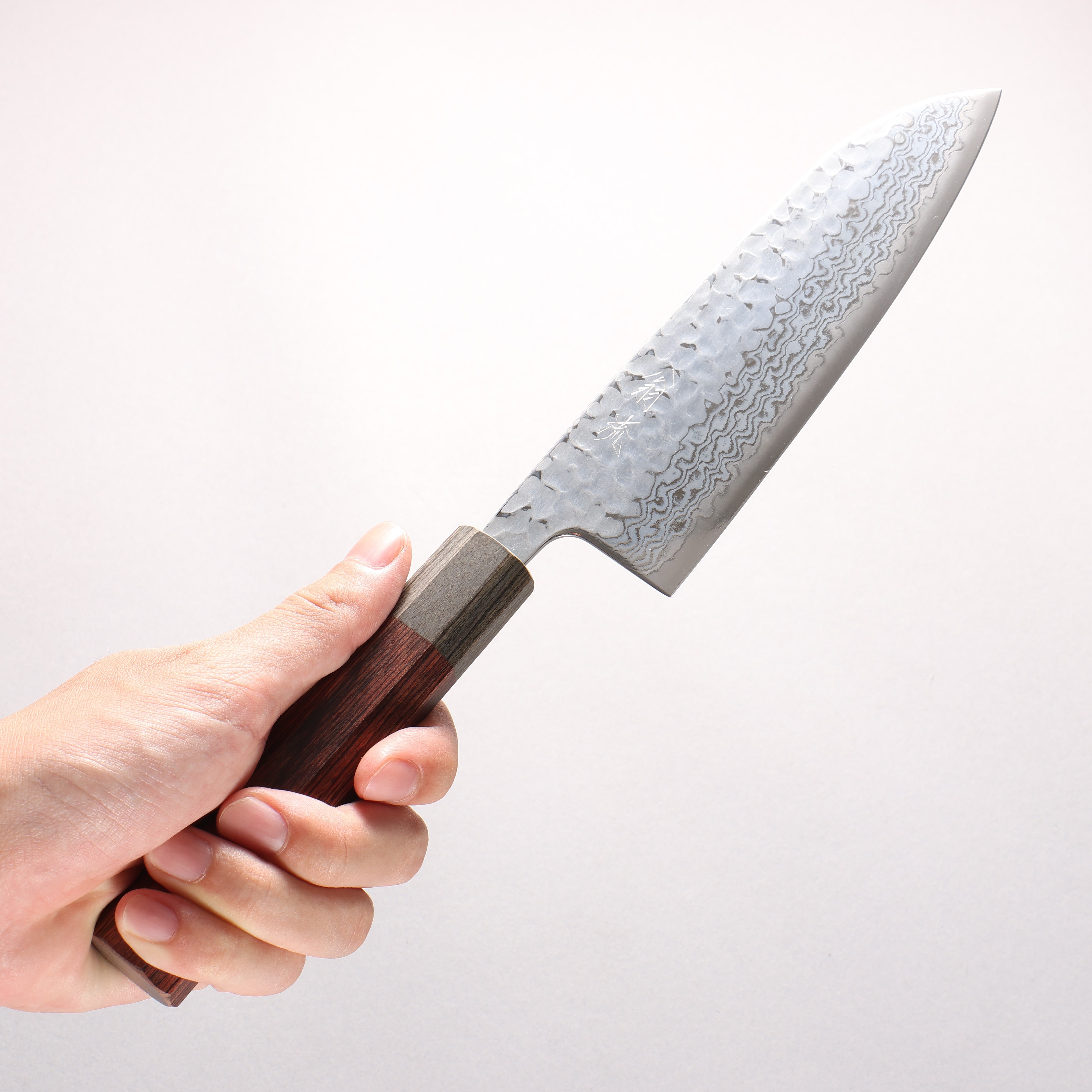 Oul Silver Steel No.3 Hammered Damascus Moon White Santoku 165mm Mahogany Pakka wood Handle