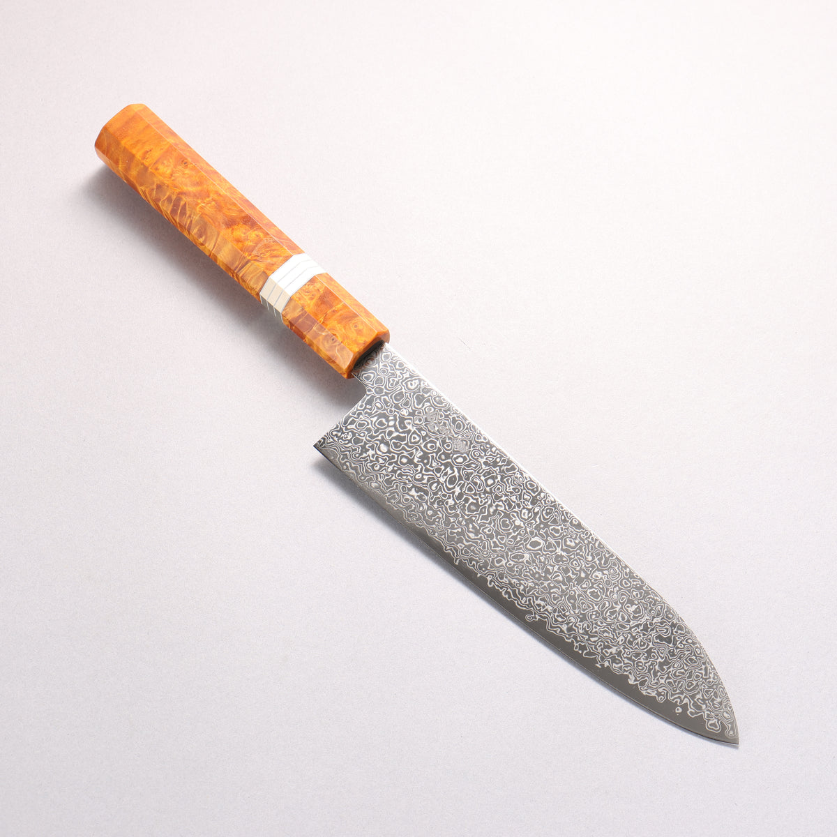Kanjyo SG2 Damascus Migaki Finished Santoku 180mm Brown Stabilized Wood (Silver Rings) Handle