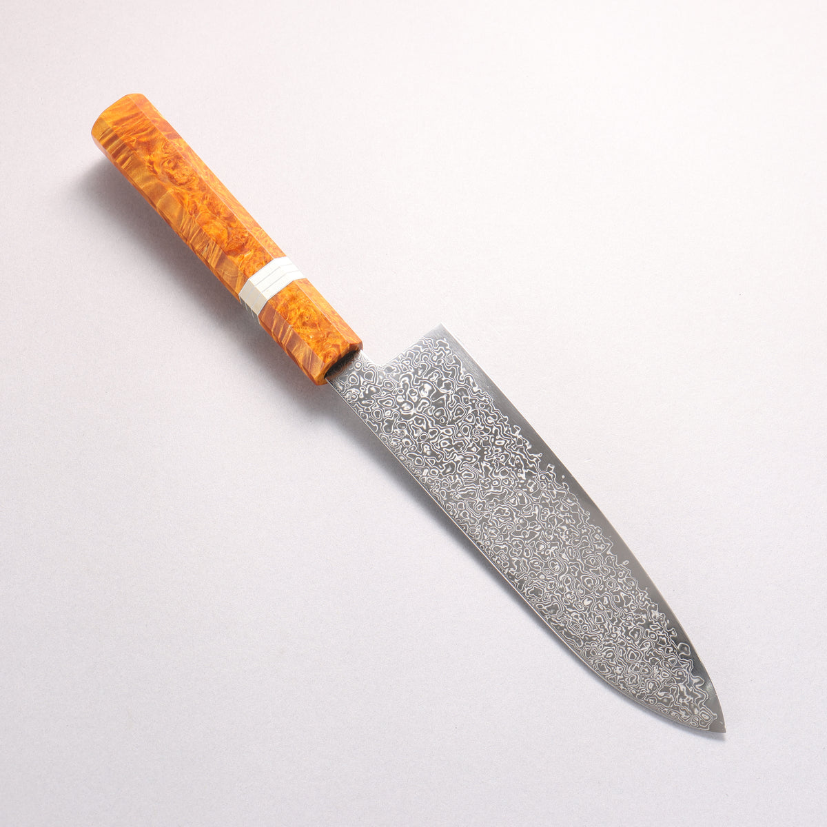 Kanjyo SG2 Damascus Migaki Finished Santoku 180mm Brown Stabilized Wood (Silver Rings) Handle