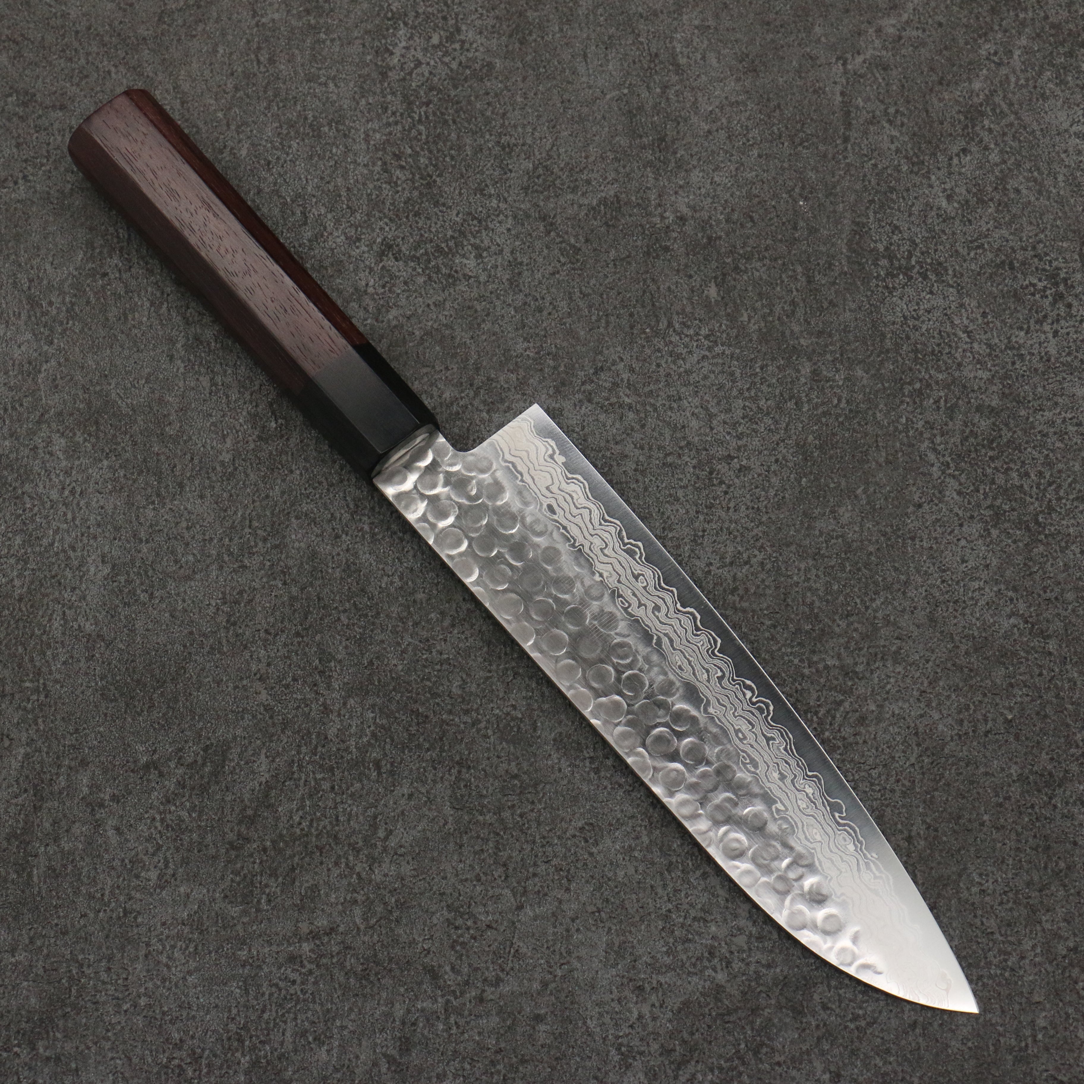 Oul AUS10 Hammered Damascus Santoku  180mm Rosewood Handle - Japanny - Best Japanese Knife